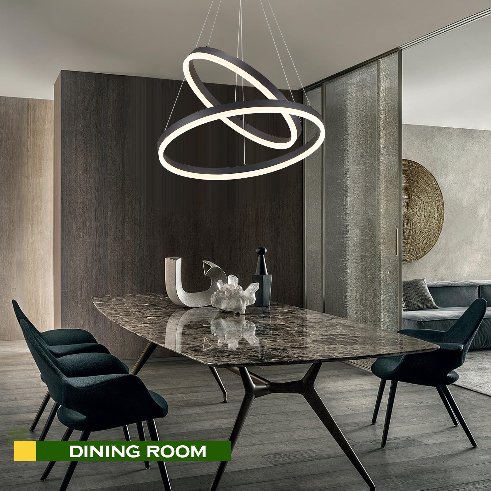 Benkut 2-Rings Modern LED Chandelier, Dimmable Ceiling Light, Remote Control, Black, 3000K-6500K for Dining Room & Living Room
