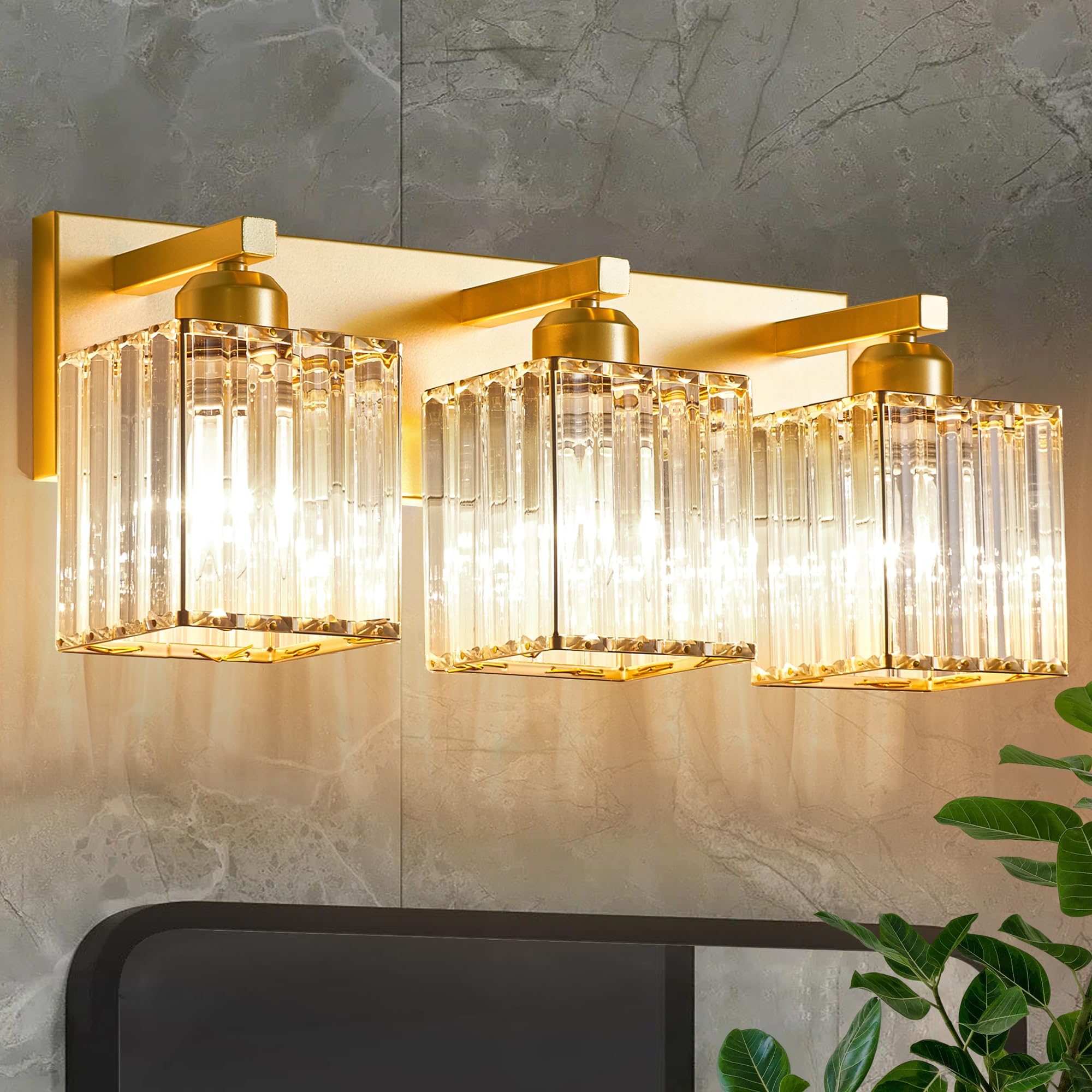 DIAMONDFORGE Bathroom Vanity Light Fixtures Over Mirror - Makeup Lighting Pure Gold - for Modern Wall  Bath  Desk  Farmhouse  Hallway 3 Crystal Lights