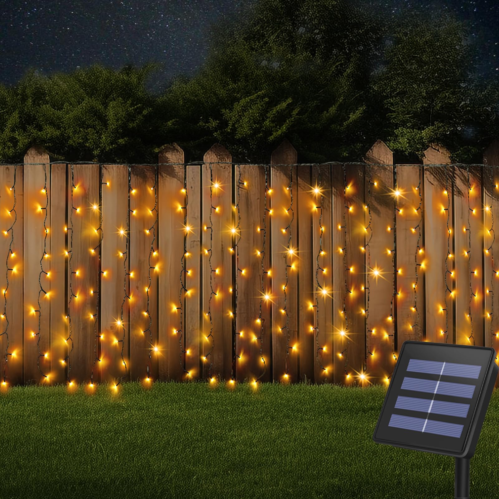 DBFAIRY Solar Curtain Lights, 300 LED, Waterproof, 19.6ft x 3.3ft, Warm White, Model 6X1-01WW