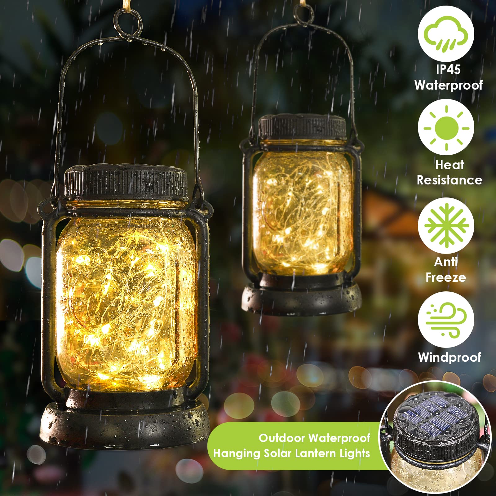 Mlambert 4 Pack Solar Hanging Lantern With Stakes, Outdoor Waterproof Solar Mason Jar Fairy String Lights Decorative Vintage Gla