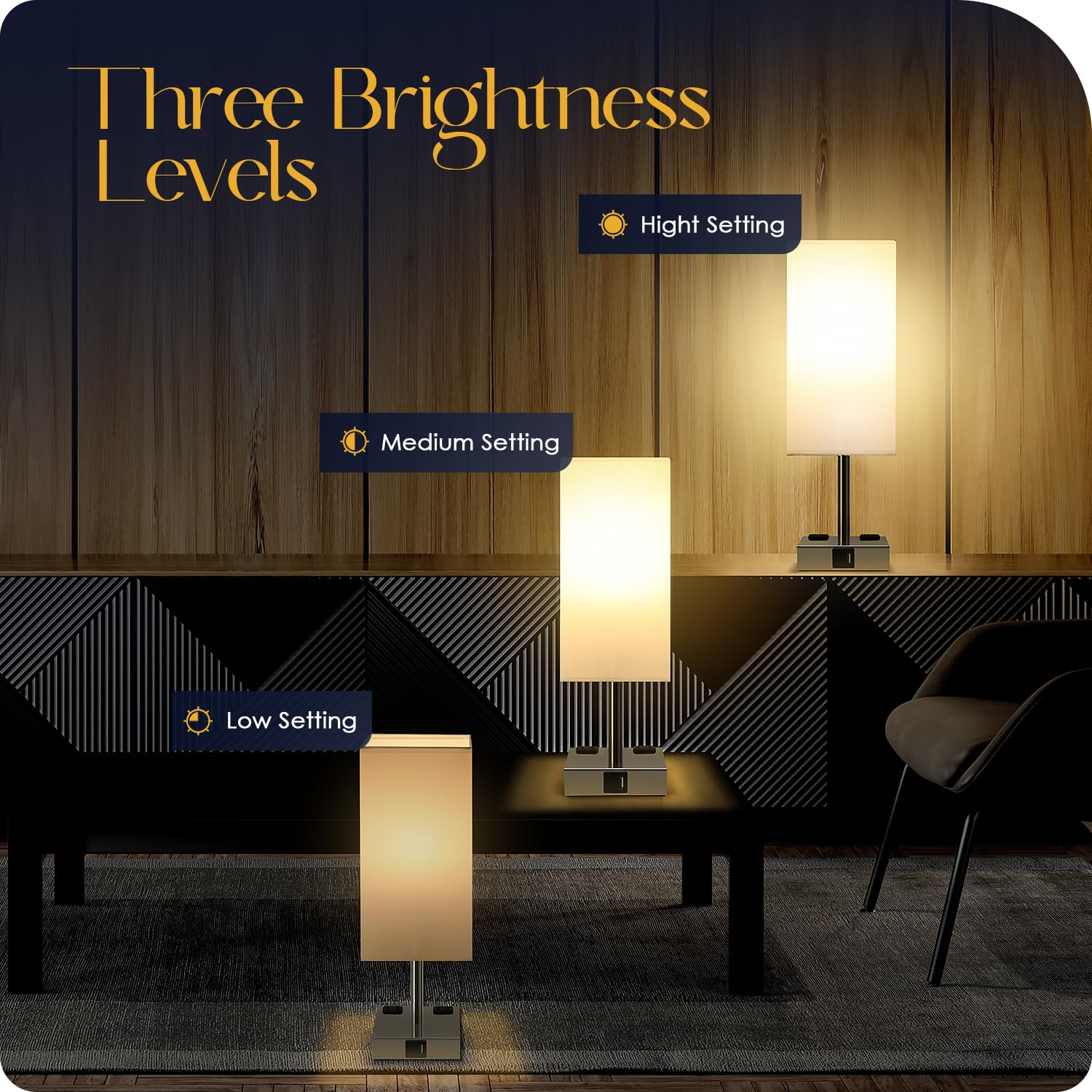 Soilsiu Bedside Table Lamp Set of 2, 3 Way Dimmable, USB C & A Ports, 2 AC Outlets, 3000K LED Bulbs, White