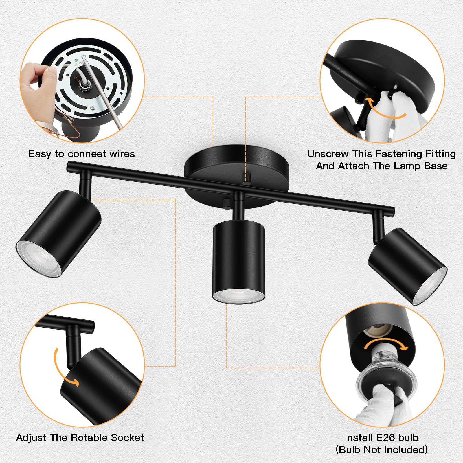 Boostarea Led 3 Light Track Lighting Kit, Black 3 Way Ceiling Spot Lighting, Flexibly Rotatable Light Head For Kitchen, Living R