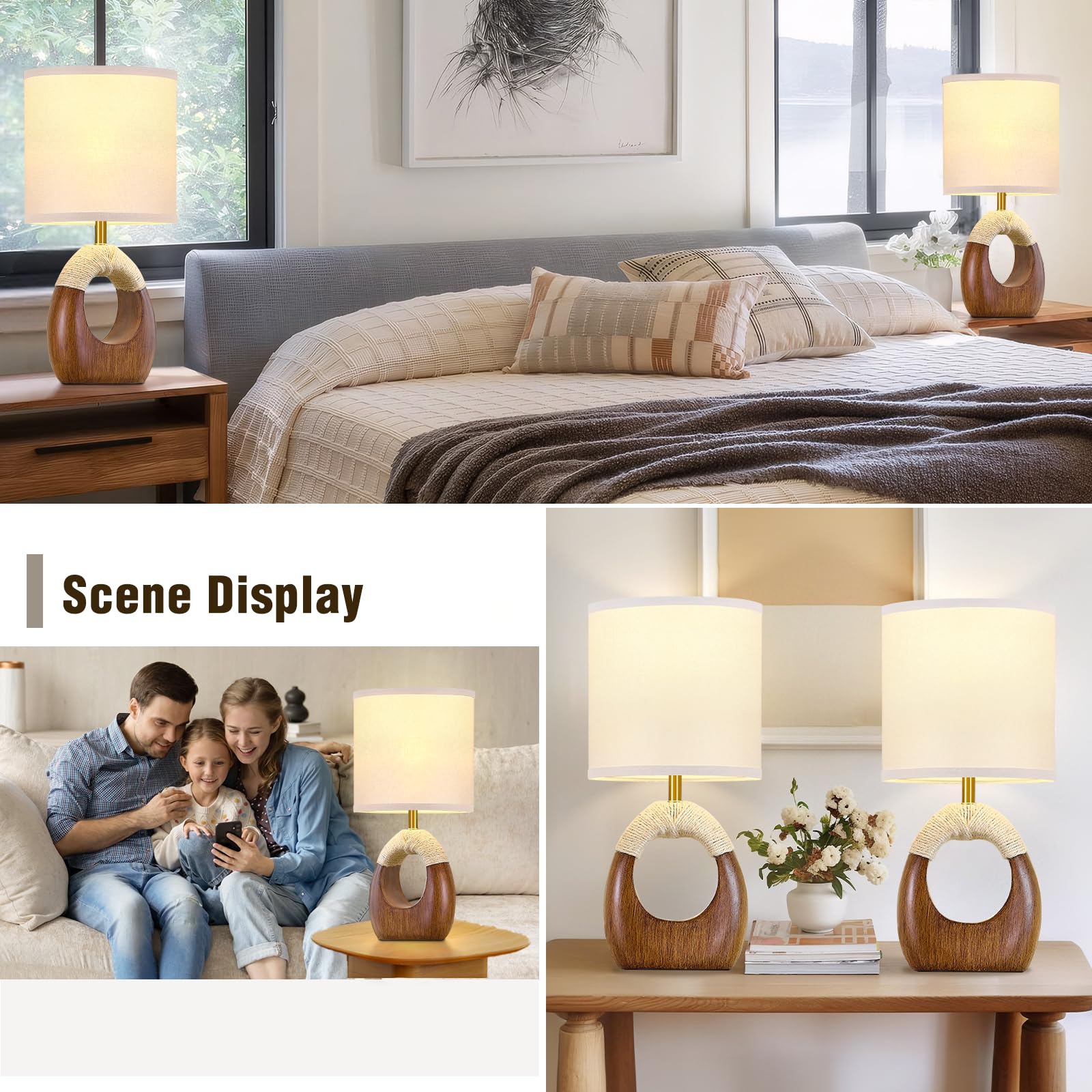 EJIAXIN Set of 2 Boho Rattan Table Lamps with 3 Color Temperatures - Brown for Bedroom & Living Room - Model 1189