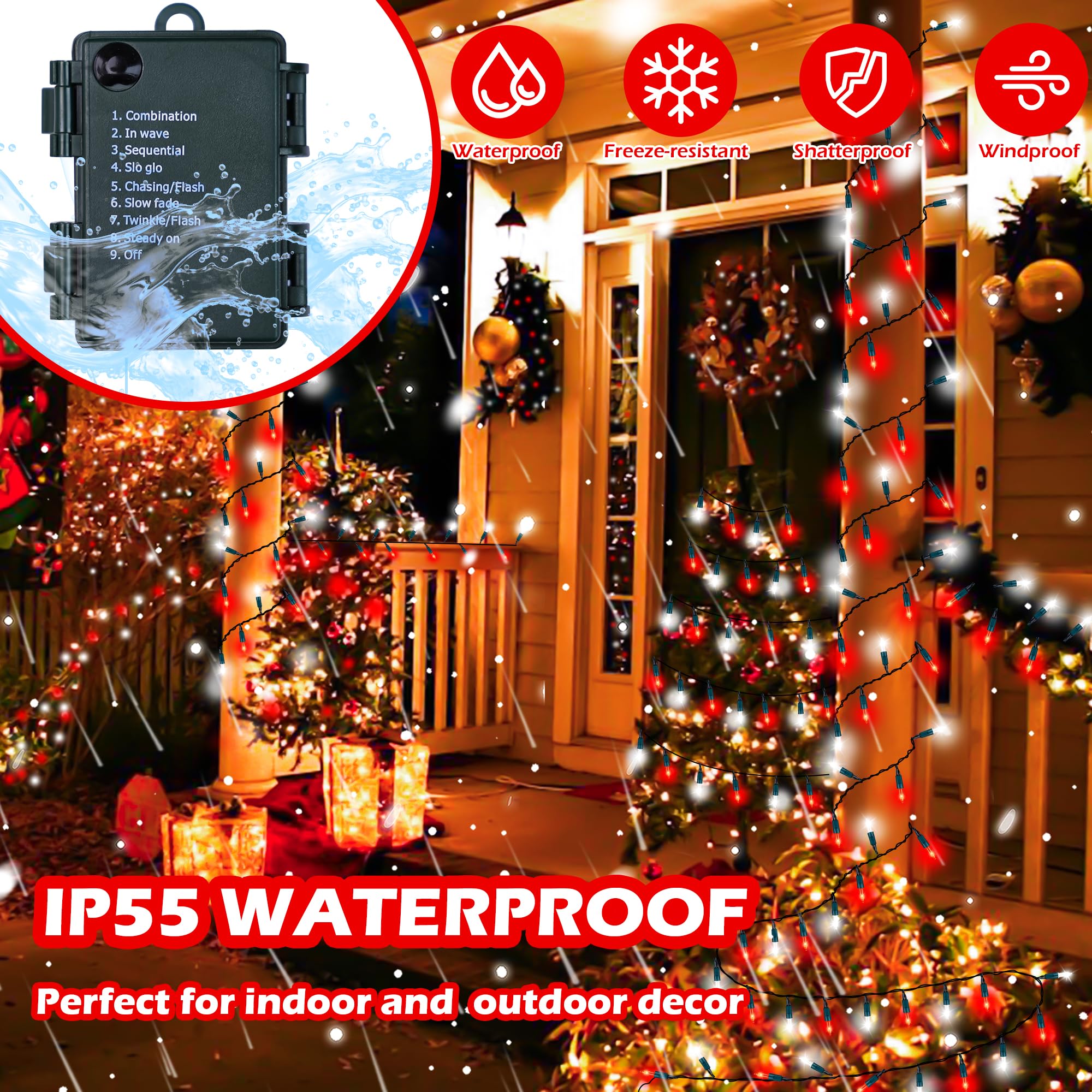 RECESKY Christmas String Lights - 100 LED, 36ft, Battery Operated, Built-in Timer, Red White, Model RCSK-YLDCH-2P50LLPRW