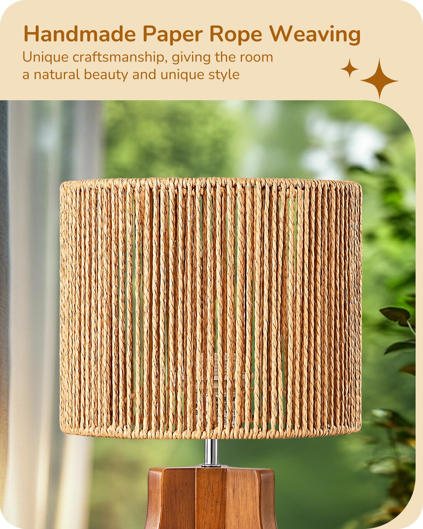 EDISHINE 14.6 Rattan Table Lamp, Rose Wood Tripod Nightstand Lamp, Handwoven Paper Rope Shade, Small Bedside Lamp for Bedroom Li