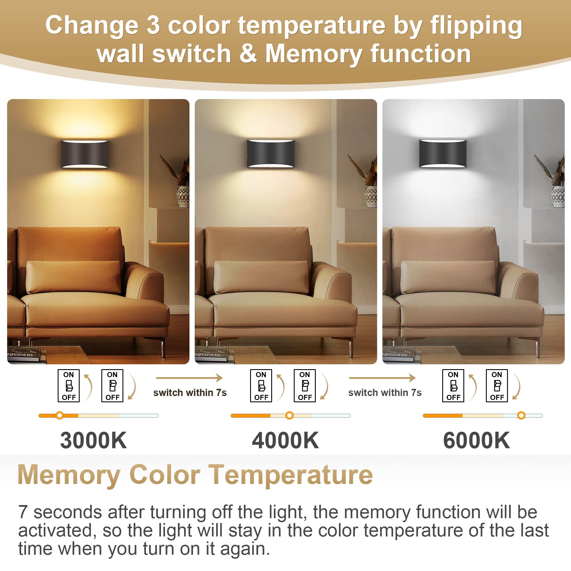 Trlife Modern Wall Sconces, 3000K/4000K/6000K Selectable And Dimmable Led Wall Sconce 12W Aluminum Wall Mounted Light Hardwired Wall Sconces For Bedroom Bedside Living Room Hallway(Black, 1 Pack)