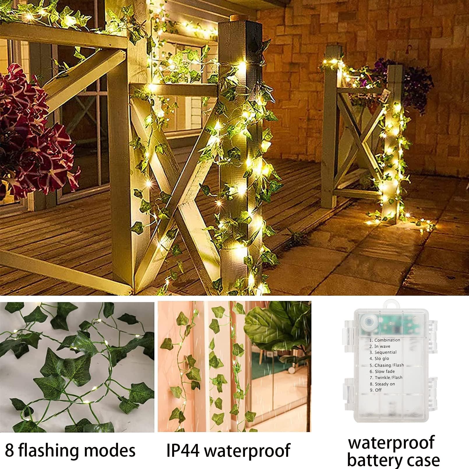 Nwlight 33 Ft Green Ivy Fairy Lights Battery Operated, 8 Flashing Model Waterproof 100 Leds Battery Powered Artifical Leaves Vine String Light For Garland Bedroom Wedding Party Holiday Patio Decor