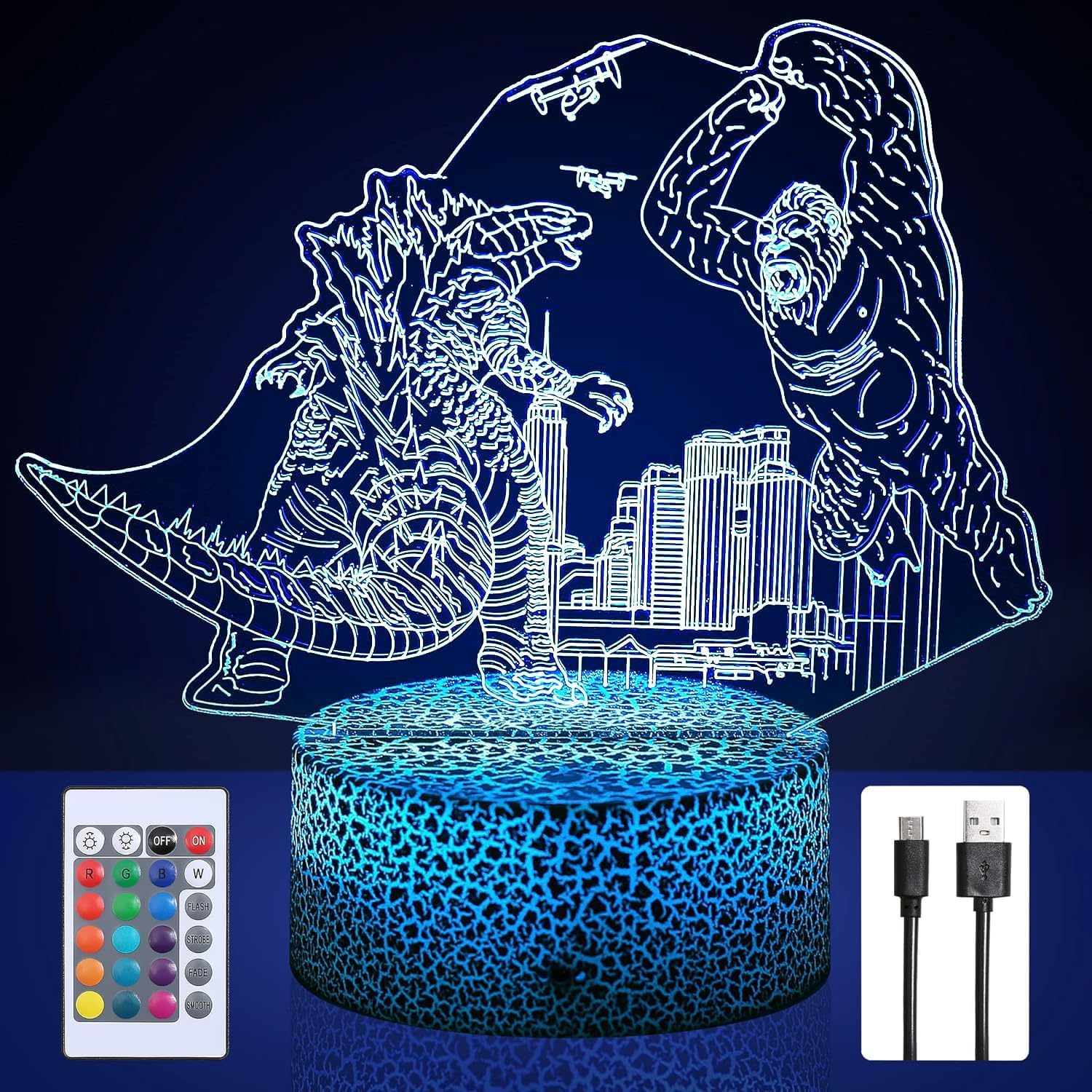 S Suniness Godzilla Vs King Kong Toys, King Of Monsters Color-Changing Led Night Light,3D Illusion Remote Control Smart Touch Decorative For Boys Girls Birthday Holiday Gifts