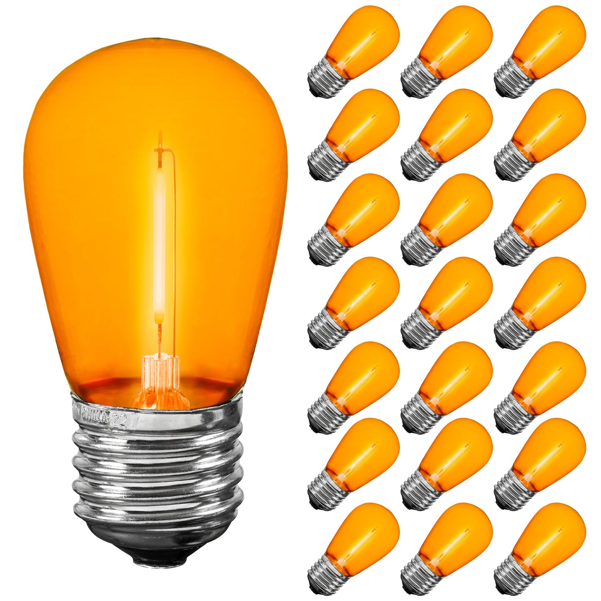 Novelty Lights Outdoor String Light Replacement Bulbs  25 Pack S14 LED Edison Shatterproof Plastic  E26 Base  30 000-Hour Lifespan  Orange