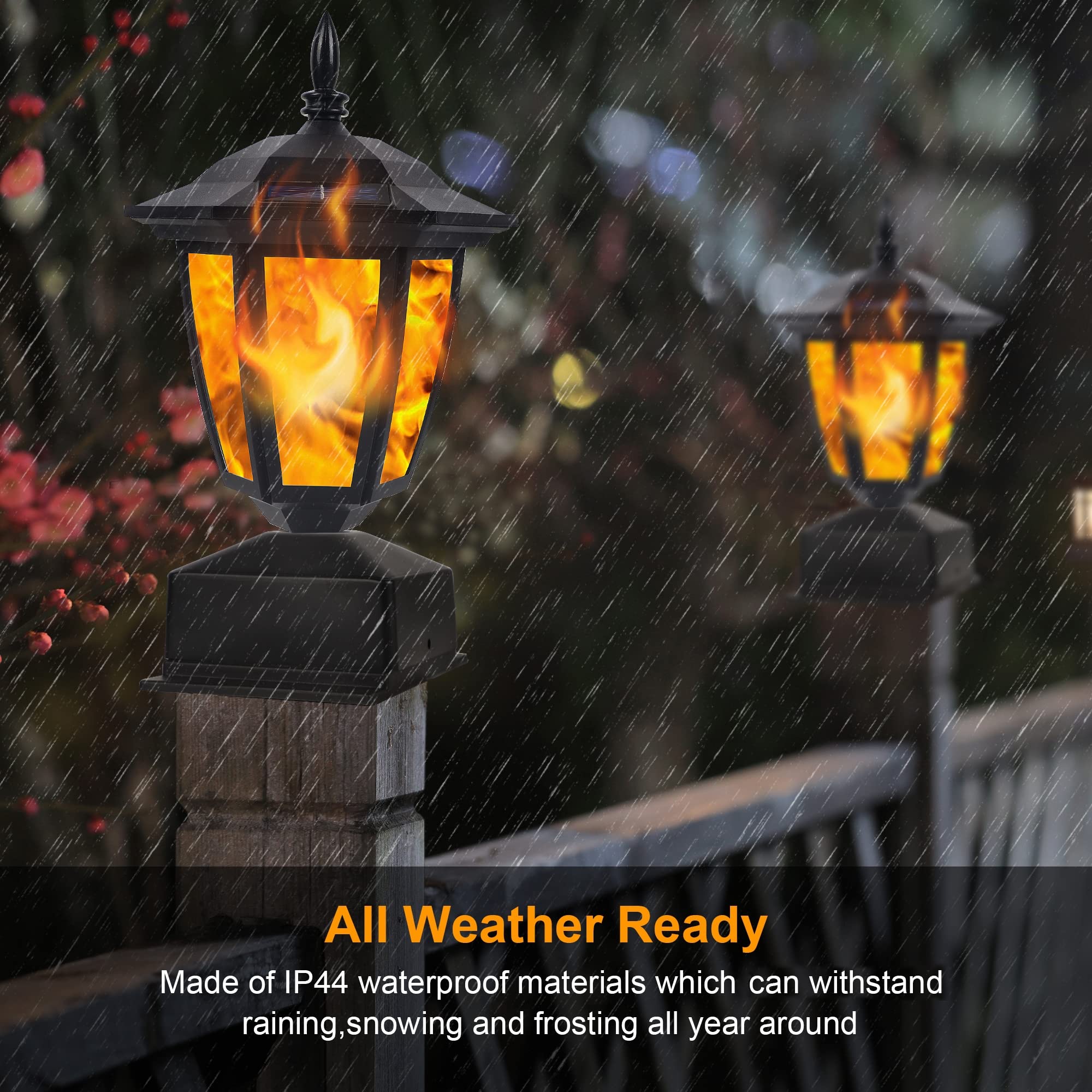 Dynaming Solar Flame Post Lights, Flickering LED Lanterns, Waterproof for Garden Deck Patio, 4 Pack, Black, Model ZTD23216-4