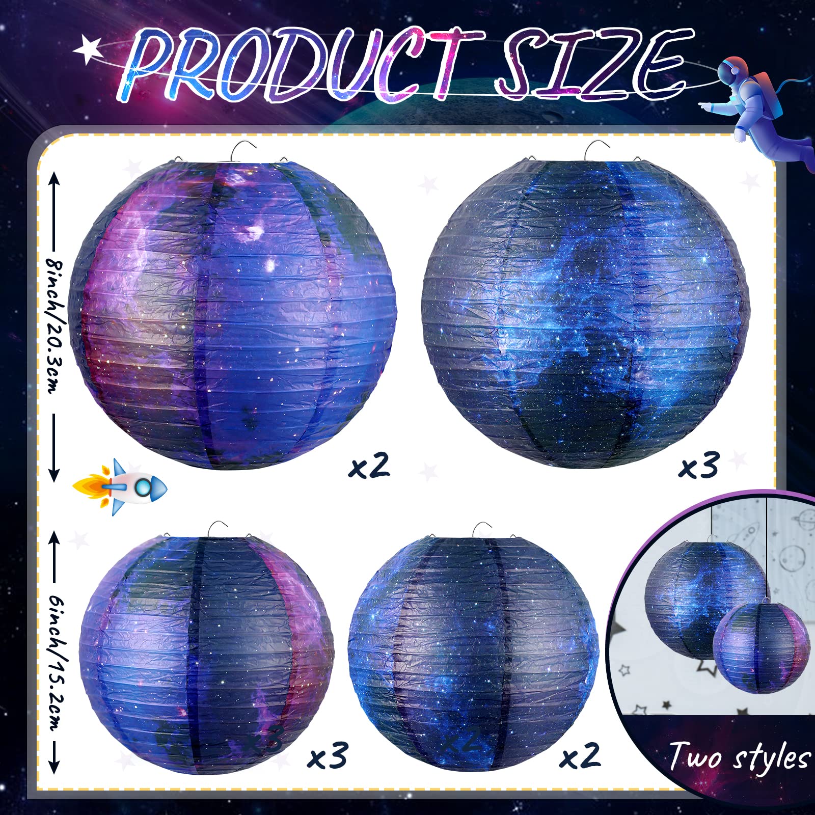 Hortsun Galaxy Print Paper Lanterns - 10 Pack, Space Themed, 8&quot;/6&quot; Hanging Decor For Parties