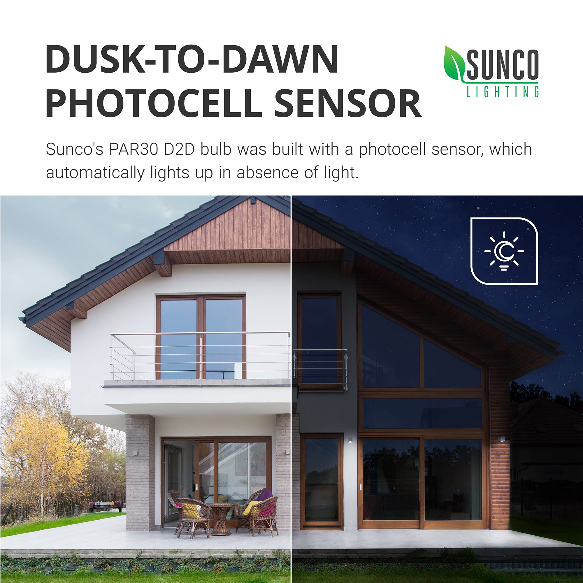 Sunco Dusk To Dawn Light Bulbs Flood Light Outdoor Par30 Led, Photocell Sensor, 850 Lm, 11W (75W Equivalent), 2700K Soft White, Ip65 Waterproof, Light Sense Auto On/Off Security Porch Ul 2 Pack