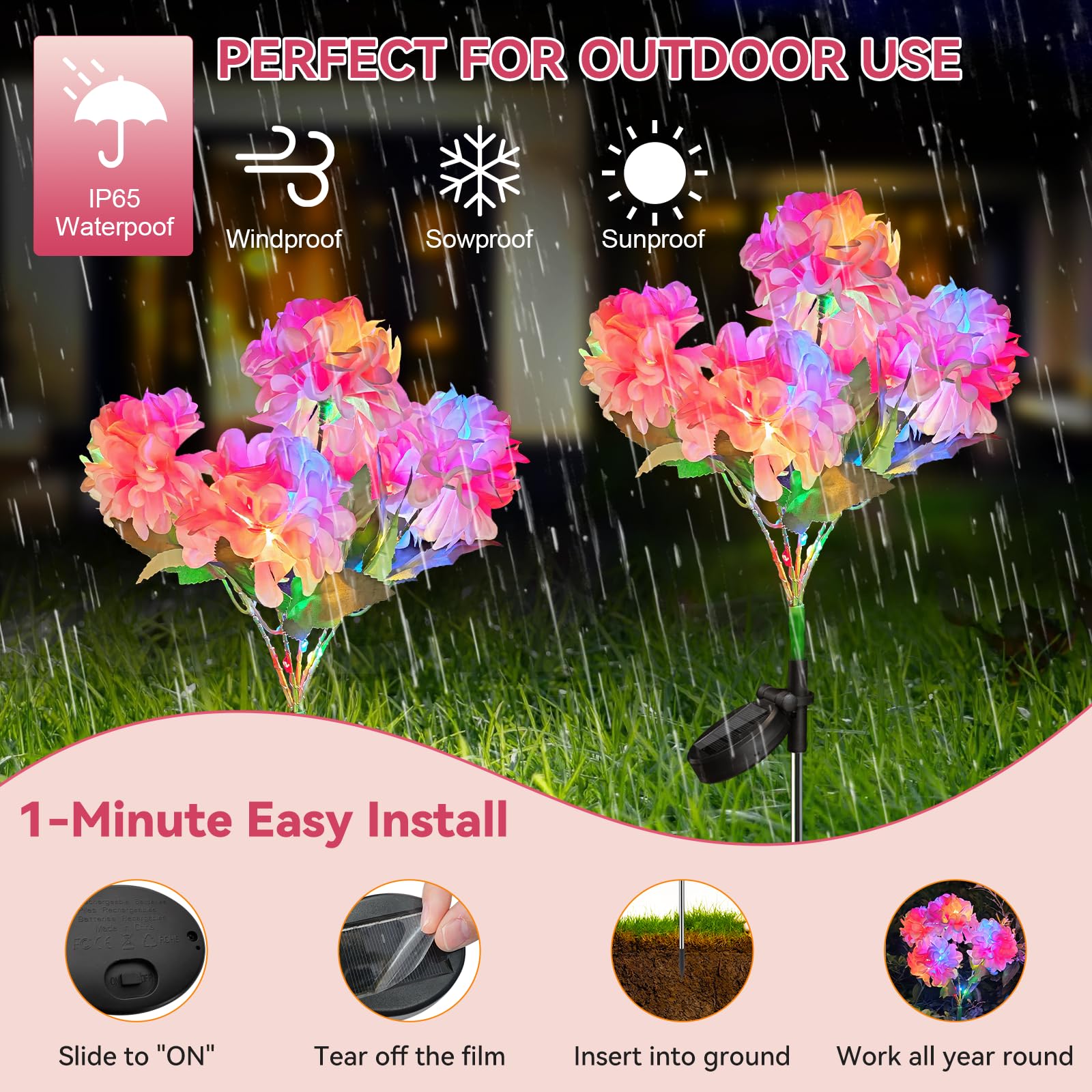 Neporal Solar Flowers - 5-Head Hydrangea Lights, 4-Color, 2 Lighting Modes, Waterproof IP65, 4 Packs, Plastic