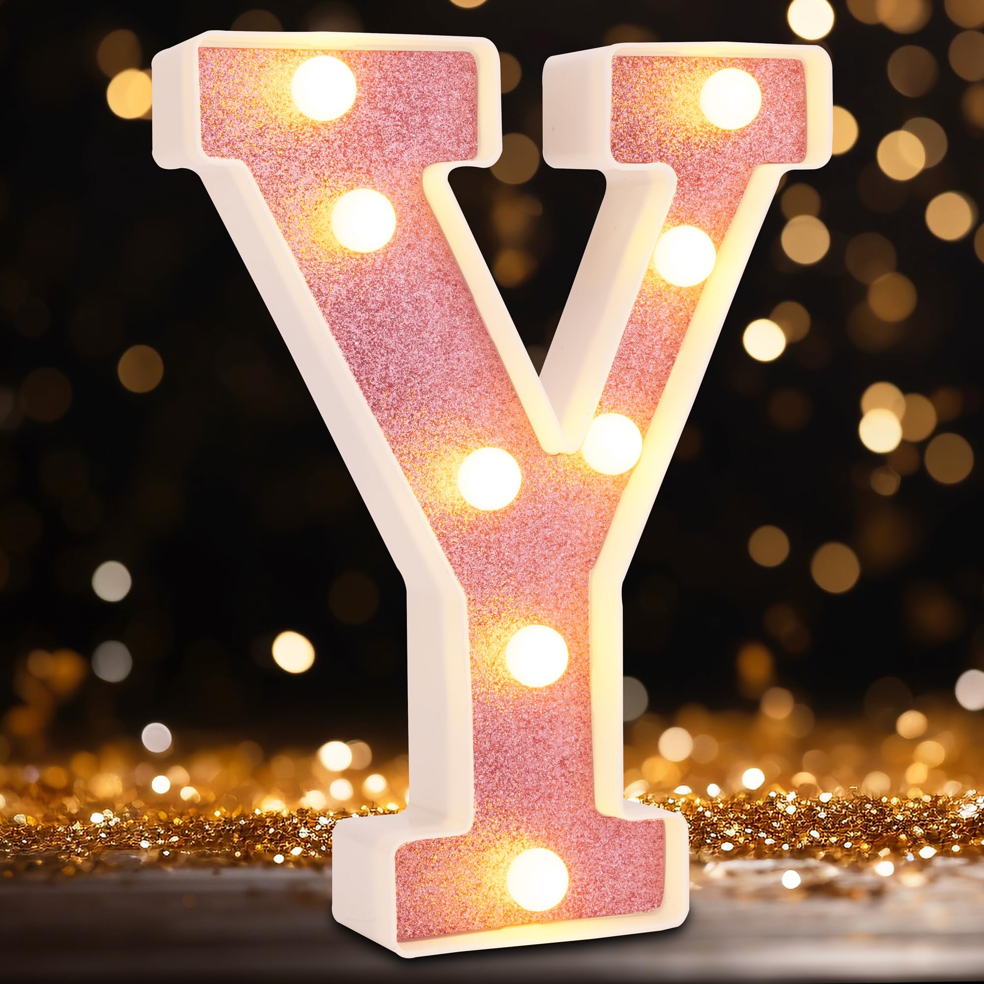 DyingSwan Small LED Marquee Letter Y, 8.58in Pink Glitter Lighted Sign, Battery Powered Plastic Decor for Parties and Events