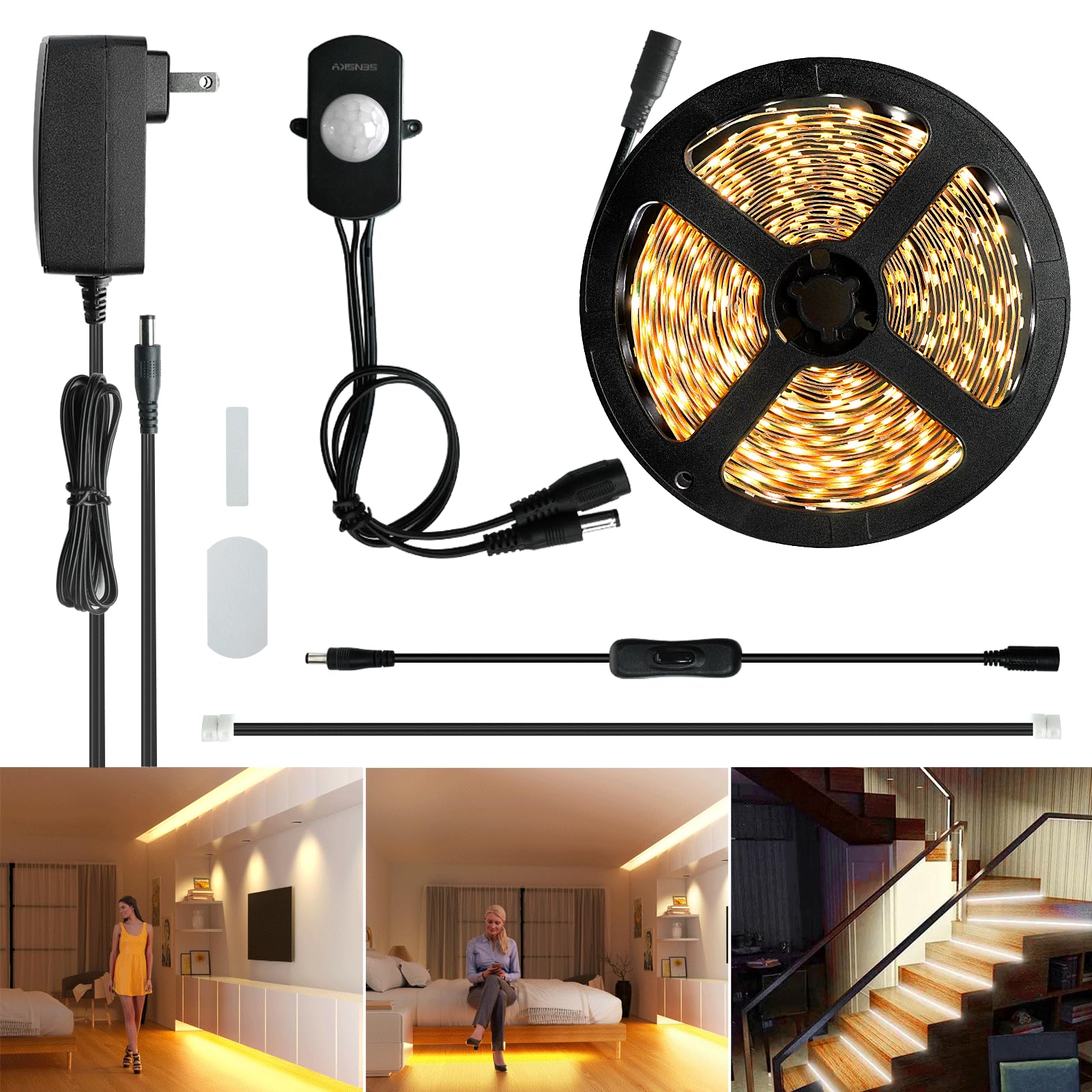 Sensky Dimmable PIR Motion Sensor LED Under Cabinet Lighting Kit Extendable Under Counter LED Light with Motion Sensor for Gun S