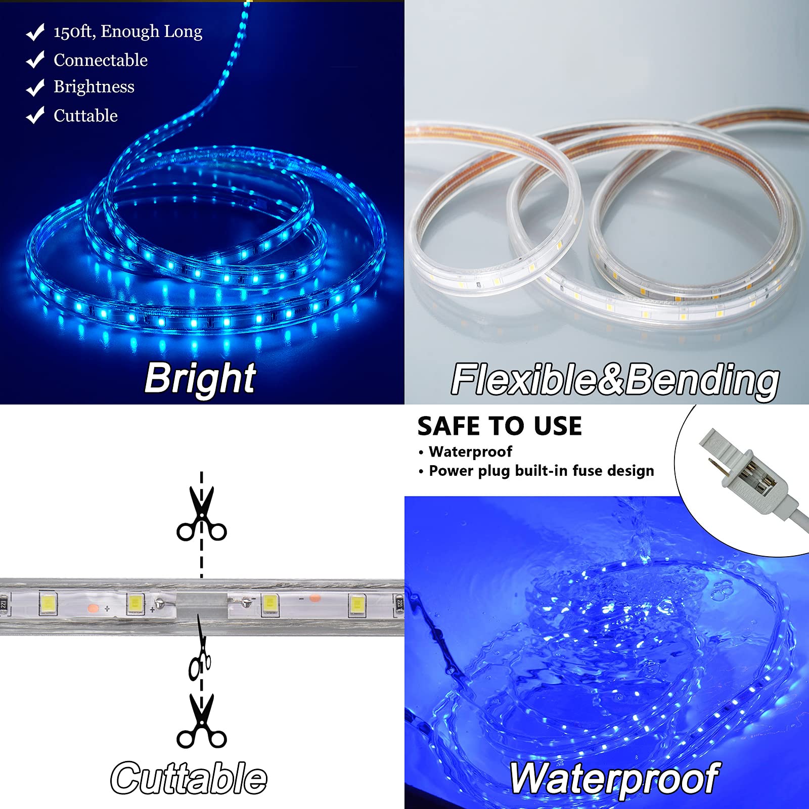 Surnie Led Rope Lights Outdoor Waterproof 150Ft Strip Lights Blue 110V Indoor Cuttable Connectable Lighting Installations For Bedrooms, Stairs, Wedding Parties, Backyards, Pool, Not Tube Rope