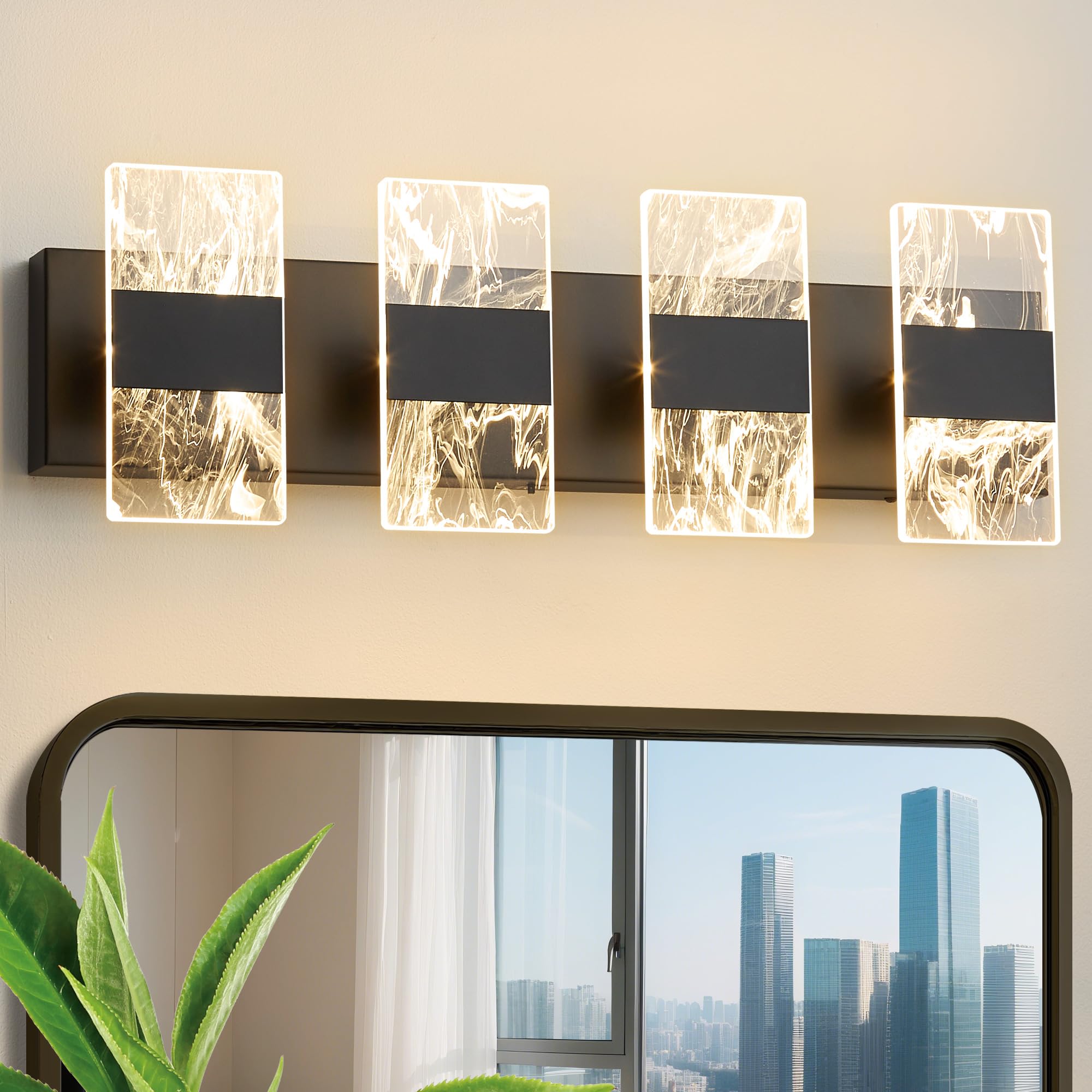 NADOSA Modern LED Bathroom Light Fixtures Dimmable 4-Light Black Vanity Light  5CCT Adjustable Lighting Fixture Vanity Lights Over Mirror  Smoked Acrylic LED Vanity Lights for Bathroom
