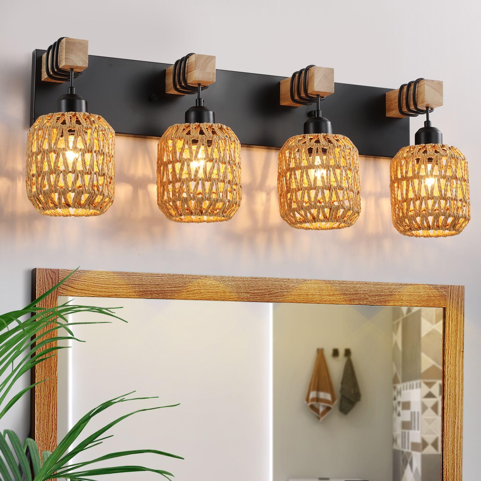 4 Light Bathroom Vanity Light Fixtures,Rustic Style Wood Bathroom Wall Sconce, With Boho Wicker Lampshade,Suitable For Bedroom, Hallway, And Living Room,Rattan Black Farmhouse Wall Sconce