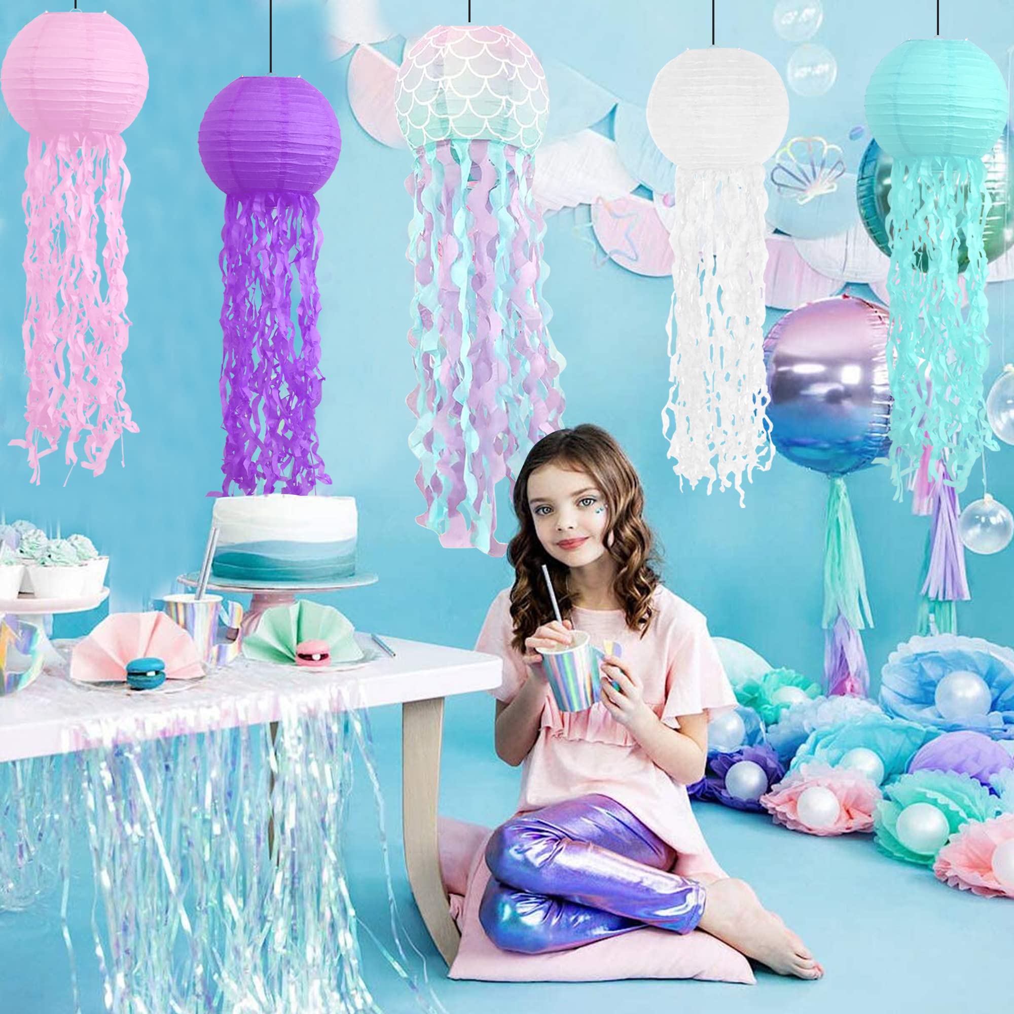 Adlkgg Hanging Jelly Fish Paper Lanterns, Pink Purple Blue White Paper Lanterns For Mermaid Theme Party Under The Sea Ocean Birt