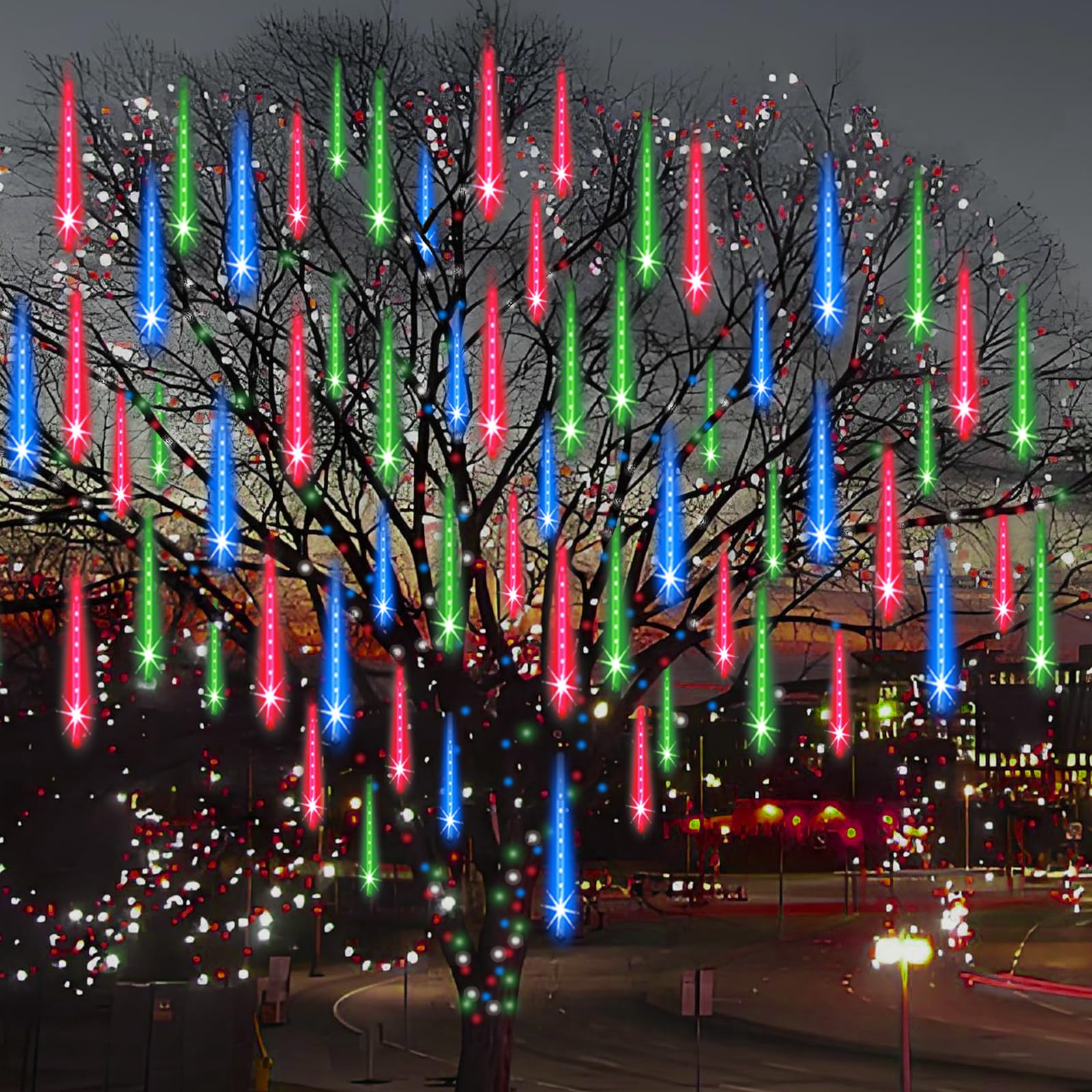 Adecorty Outdoor Christmas Icicle Lights, 12 Cascading Meteor Shower, 8 Tubes Multi-Color, Plastic, 26.9Ft For Holiday Decorations