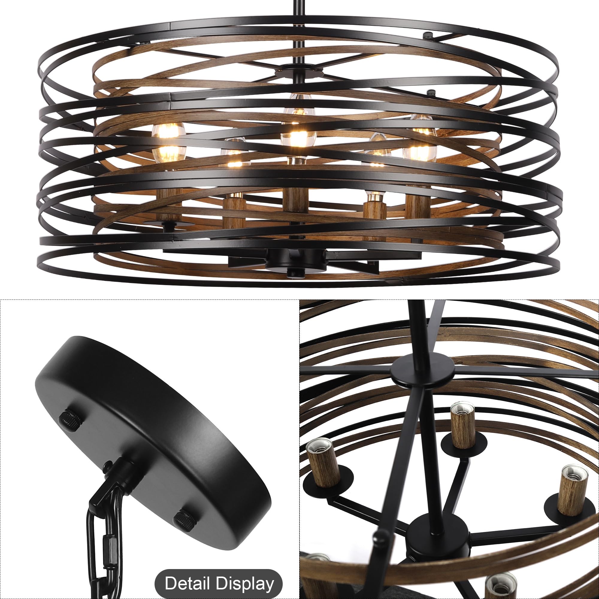 Sigaitwei 5-Light Rustic Drum Chandelier - Vintage Black Metal & Wood Grain - Ideal for Dining Room, Kitchen, Entryway, Living Room