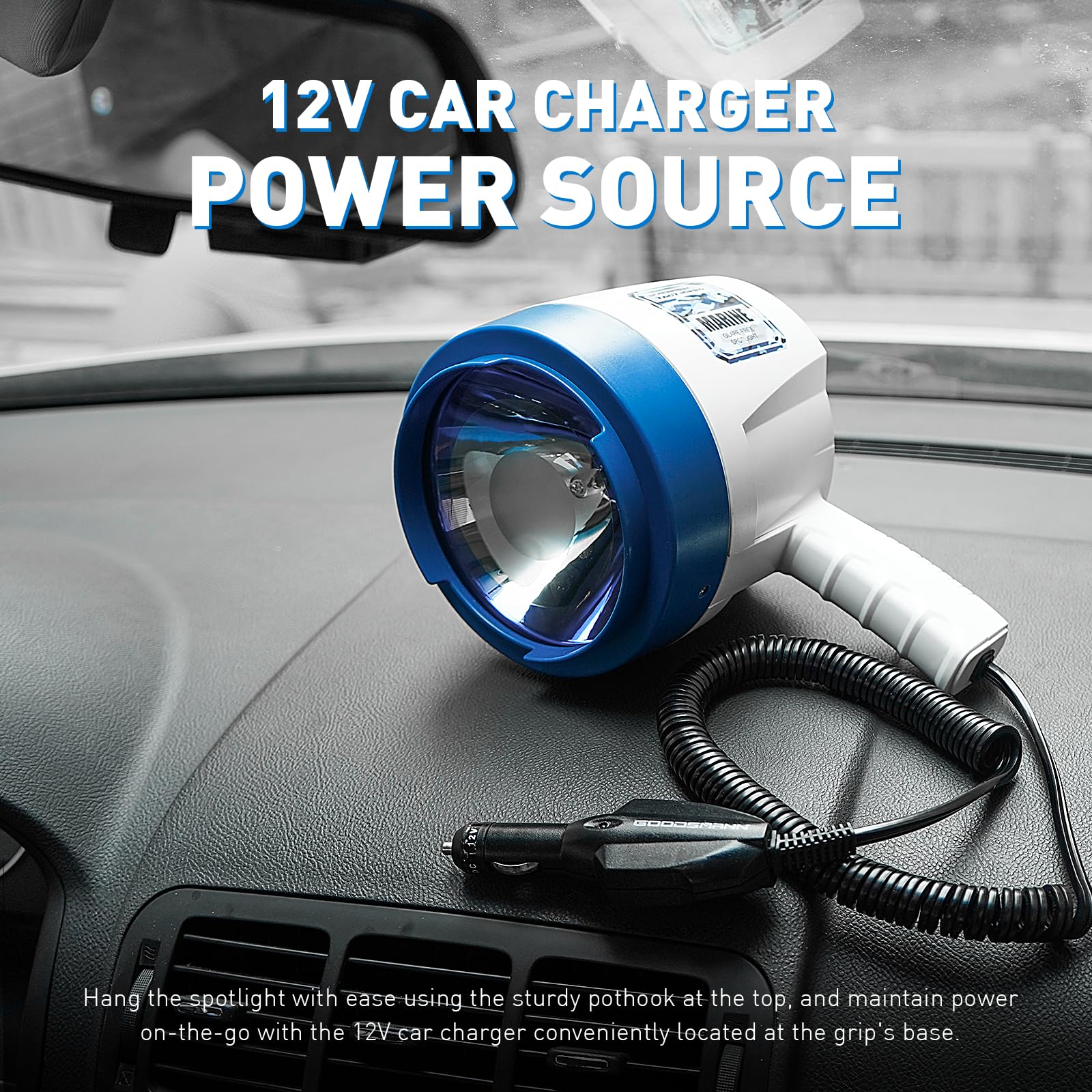 GOODSMANN 12V Handheld Spotlight, 1400 Lumen, Halogen, Blue & White, Model 9924-H202-01, Ideal for Boat & Car Use