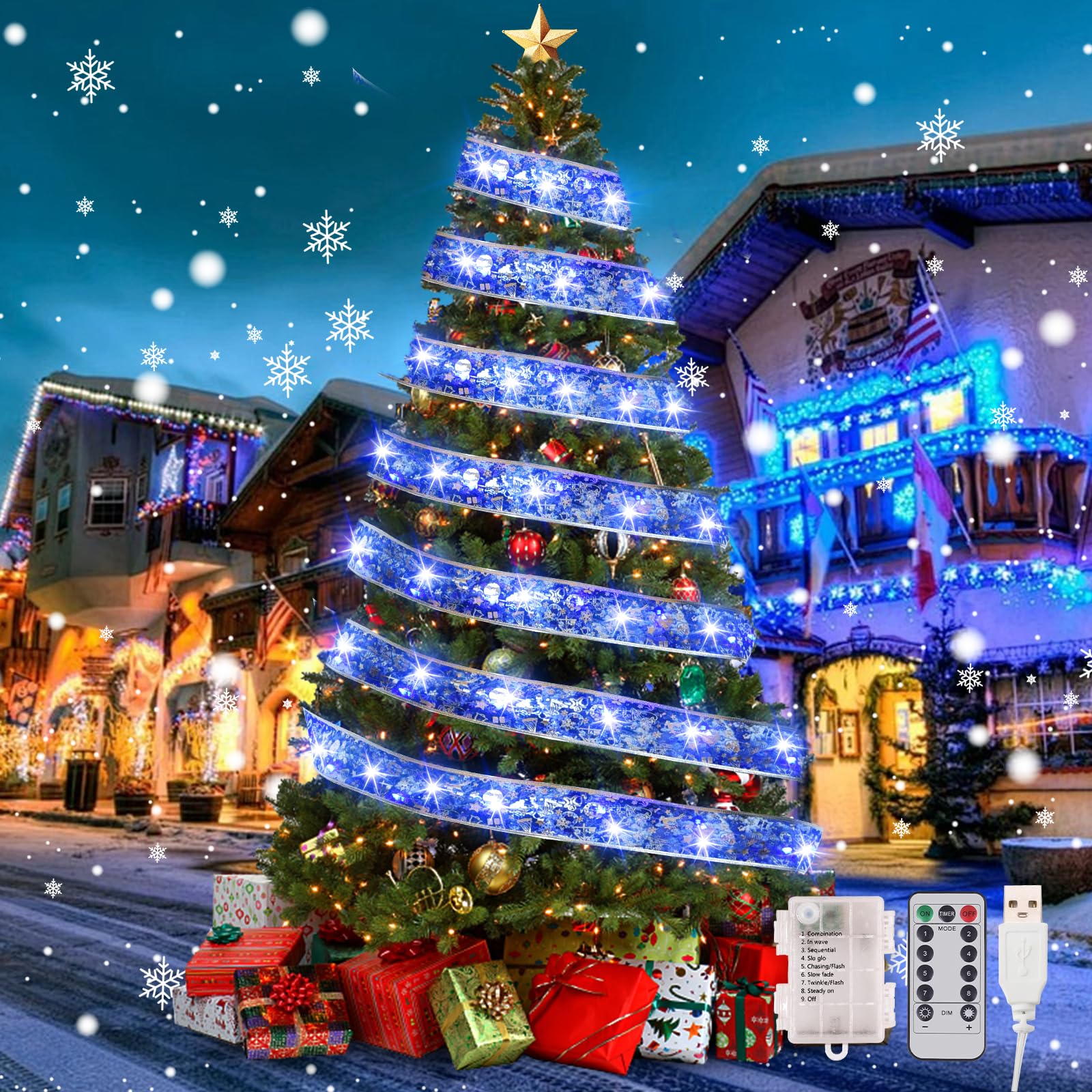 Dailyart Christmas Tree Lights, 200 LED, 78Ft, USB & Battery Operated, 8 Modes, Blue Ribbon Bows Decor for Indoor Xmas Garland