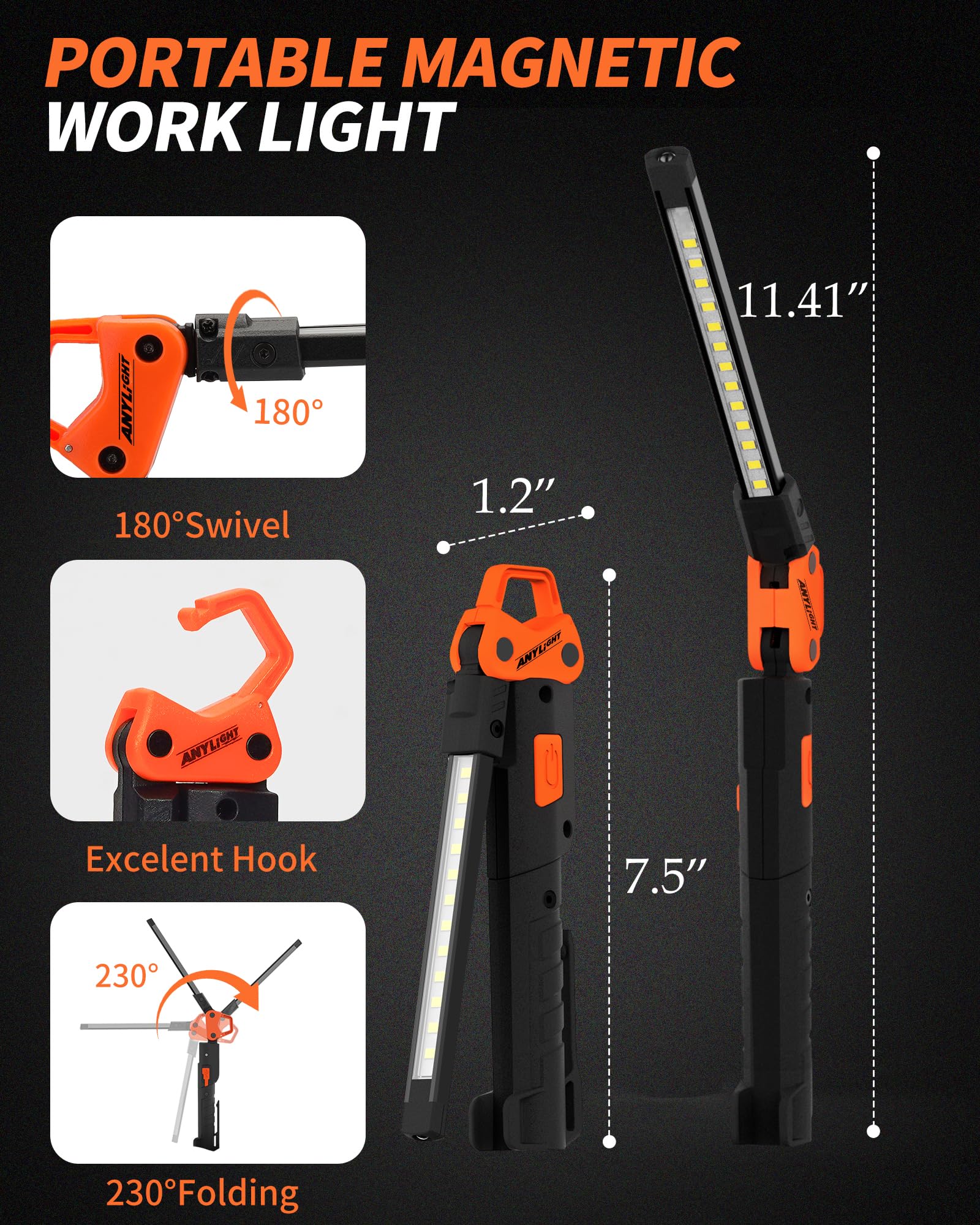 Anylight Led Work Light,400Lm Foldable Mechanic Light, Rechargeable Flashlight With 5 Modes, 230° Rotate And Hook Magnetic Light For Car Repair, Camping, Grill(1 Pack Upgrade)