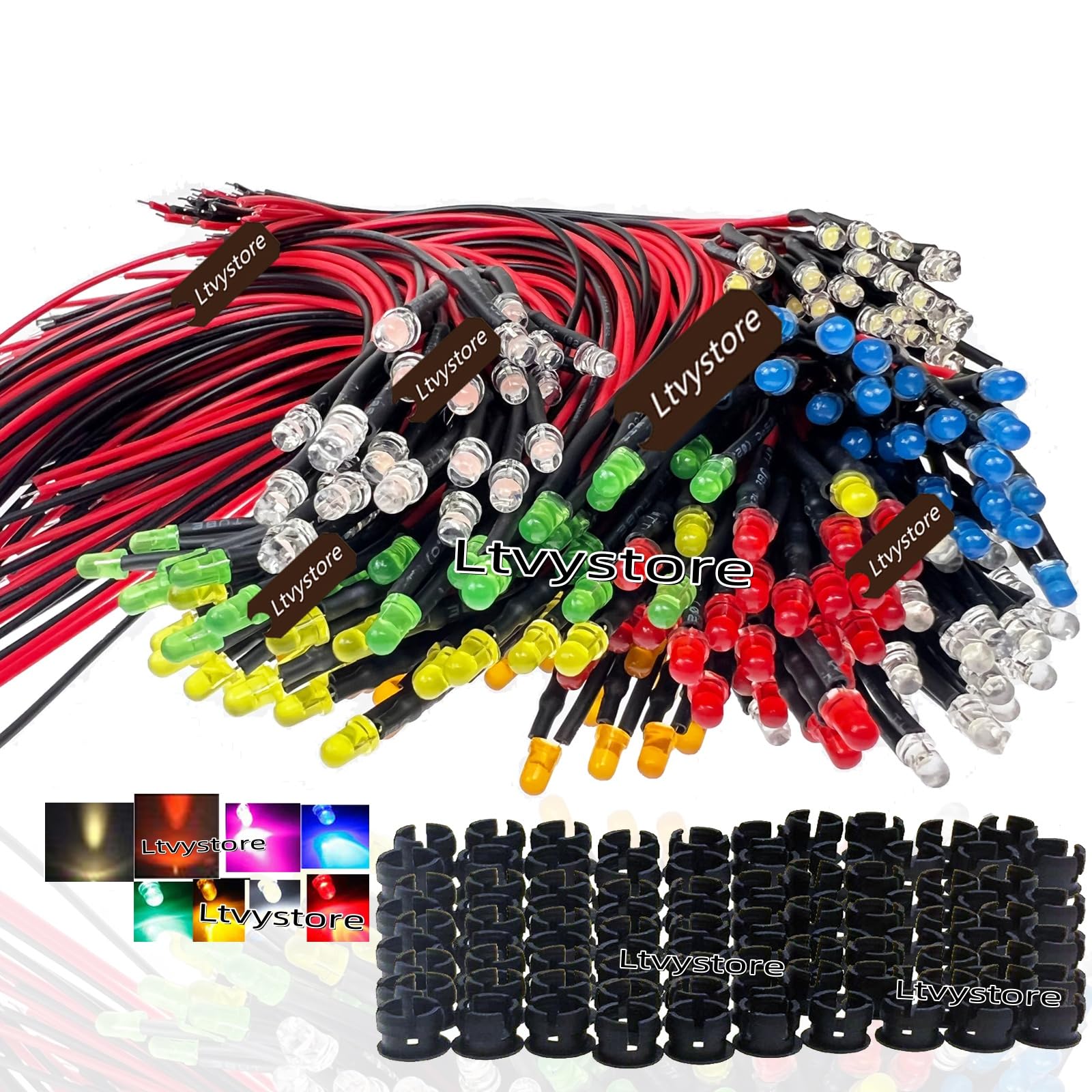 Ltvystore 200Pcs 3Mm 3V 8 Colors Led Pre Wired Prewired Lamp Light Bulb Prewired Emitting Diode + 80Pcs Black 3Mm Led Plastic Cl