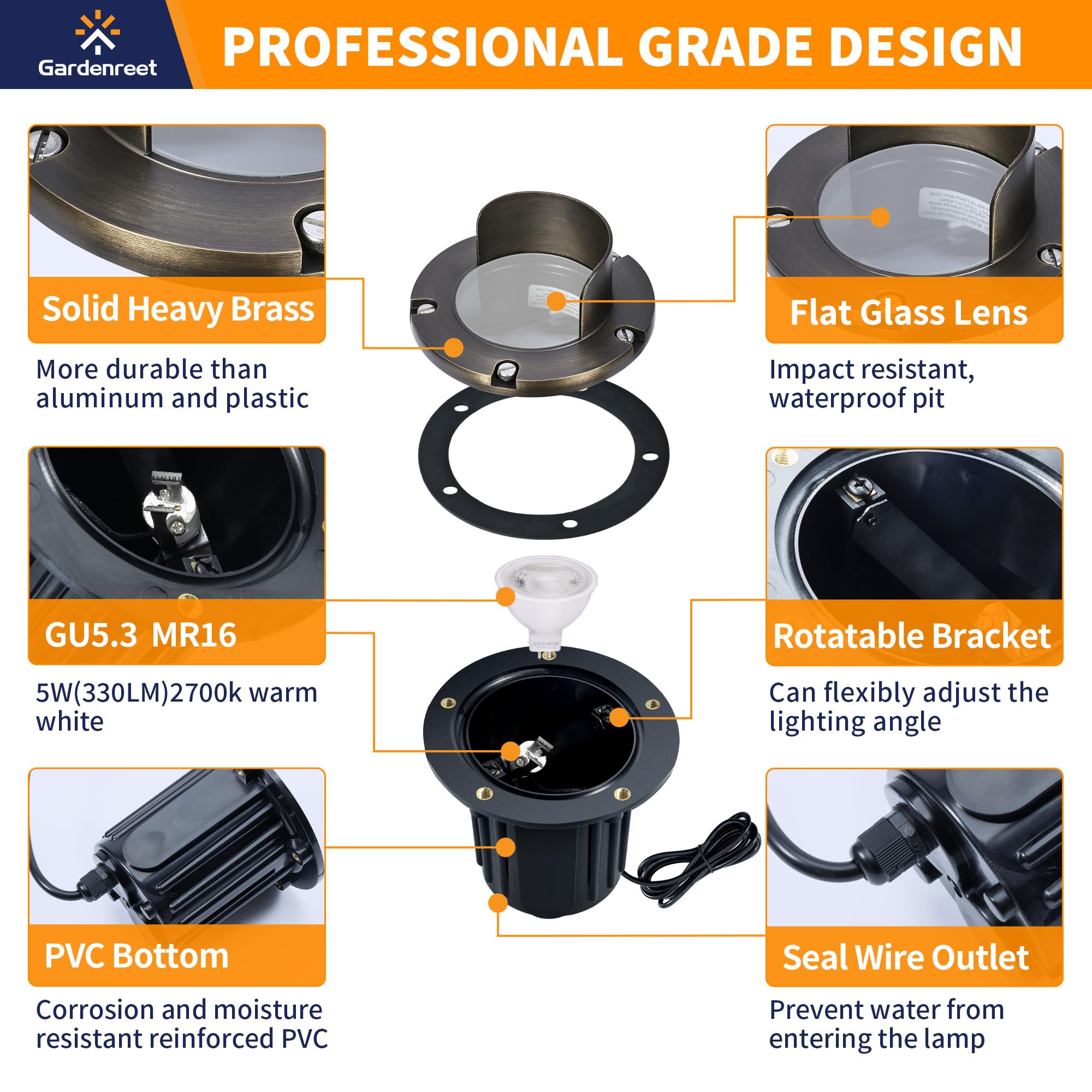 Gardenreet Brass In Ground Lights Kit - 6 Pack with 150W Transformer, MR16 Bulbs, 100ft Wire, Bronze-Shield Top
