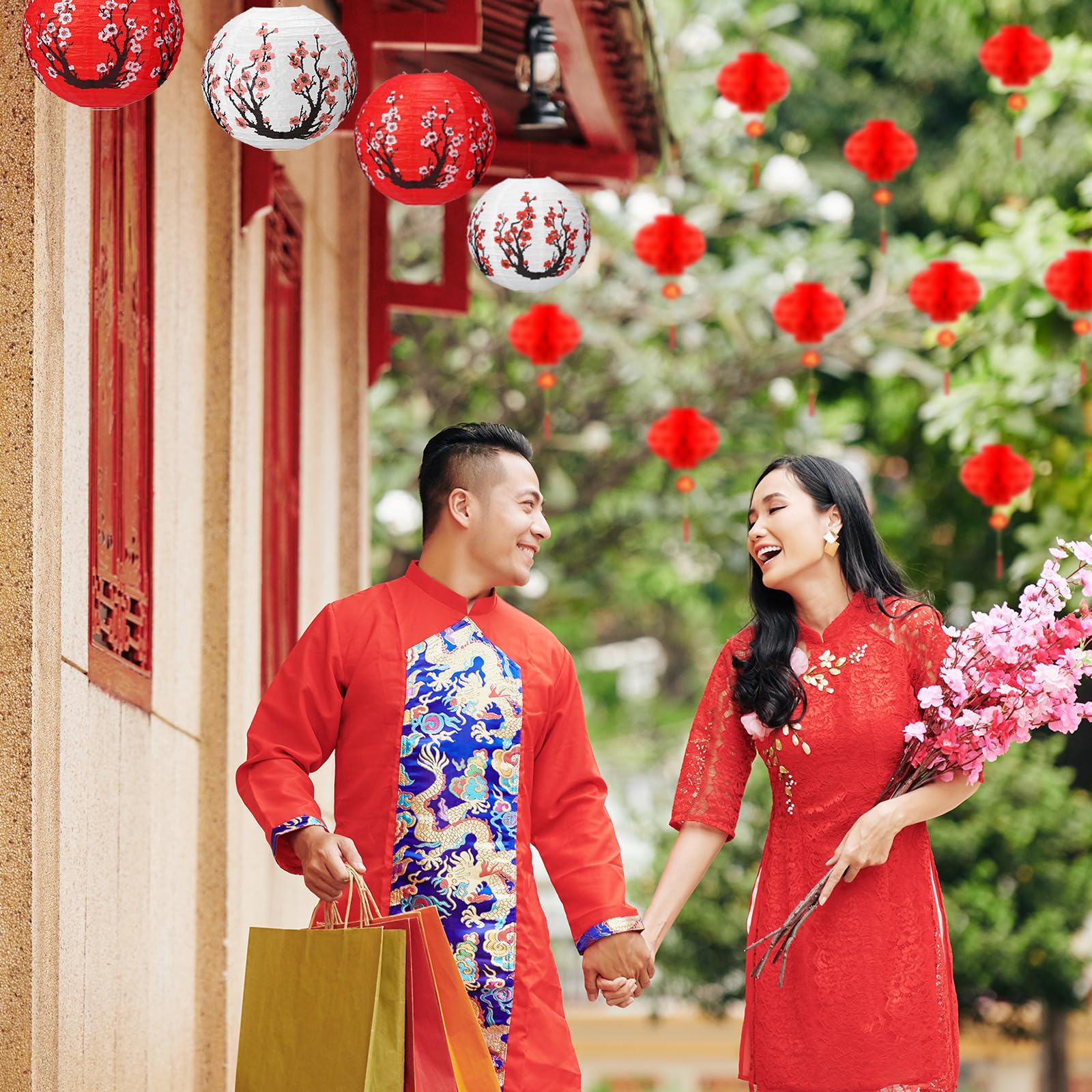Fumete 20 Pcs 12" Chinese Japanese Paper Lanterns And 8" Red Chinese Lanterns Hibachi Party Decorations Cherry Blossom Decorative Hanging Lanterns For Chinese New Year Home Restaurant(Multicolor)