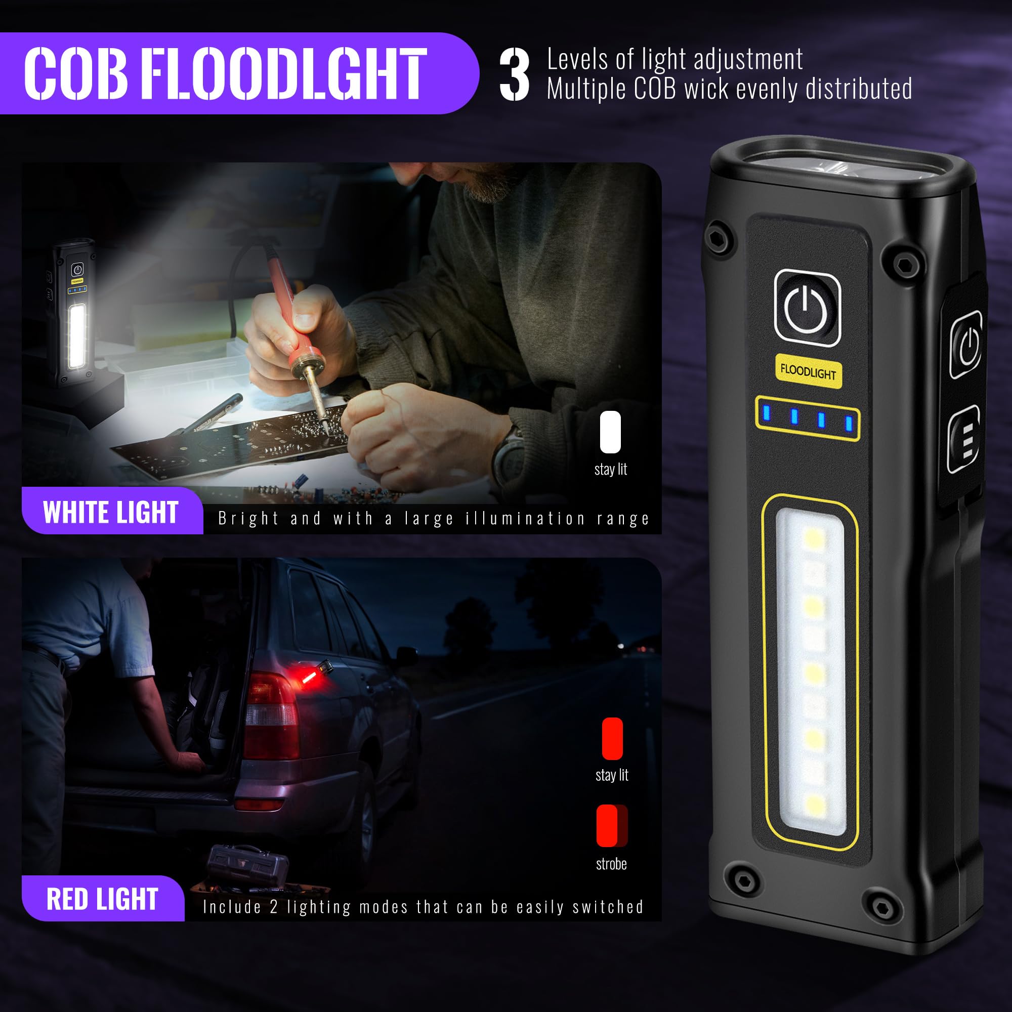 VMTENMV Mini UV Flashlight 395nm, USB-C Rechargeable, Blacklight with Magnetic Base, COB White & Red Light, Emergency Power