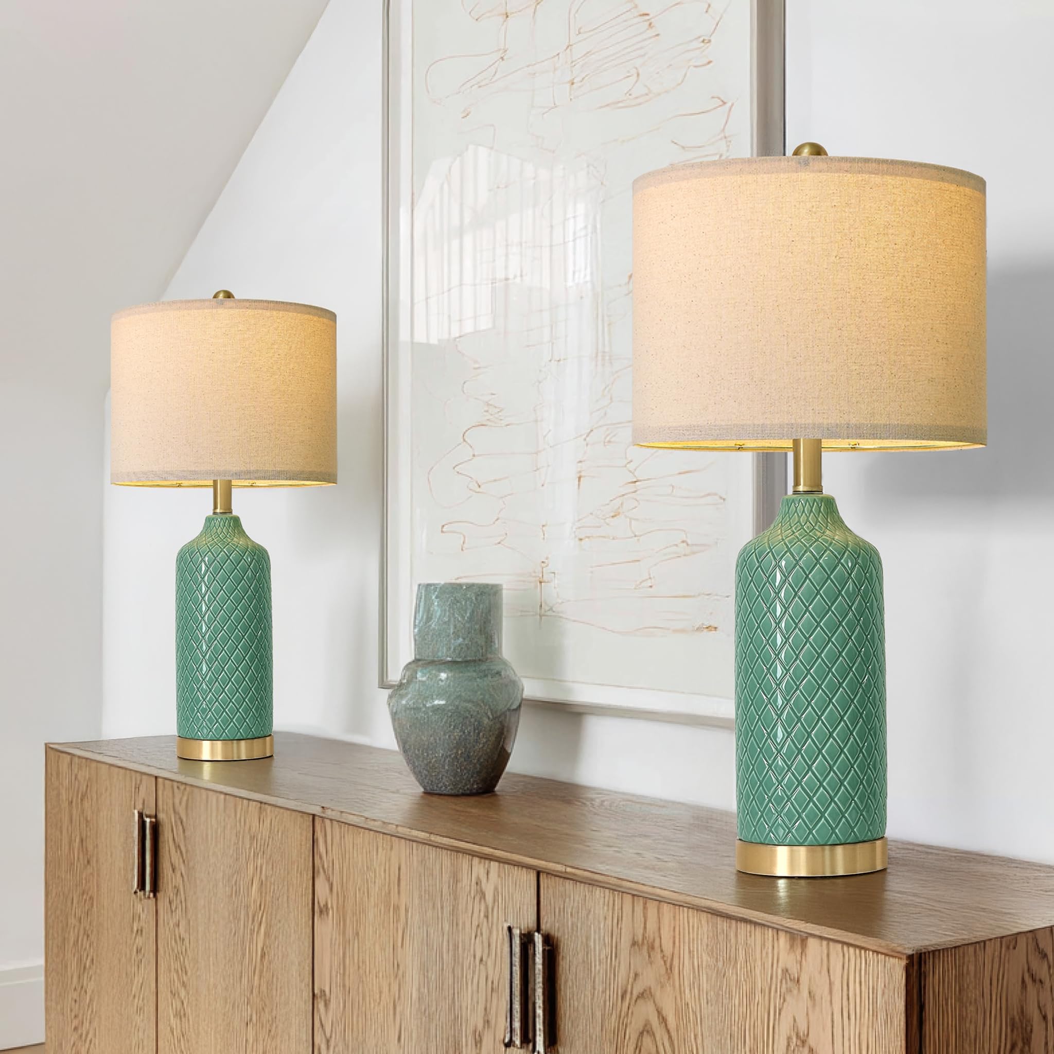 G-Safava24.25 Modern Ceramic Green Table Lamps Set Of 2 For Living Room  Farmhouse  Bedside  Bedroom  Side & End Tables Nightstand Light Home Office Desk Lamps Gifts