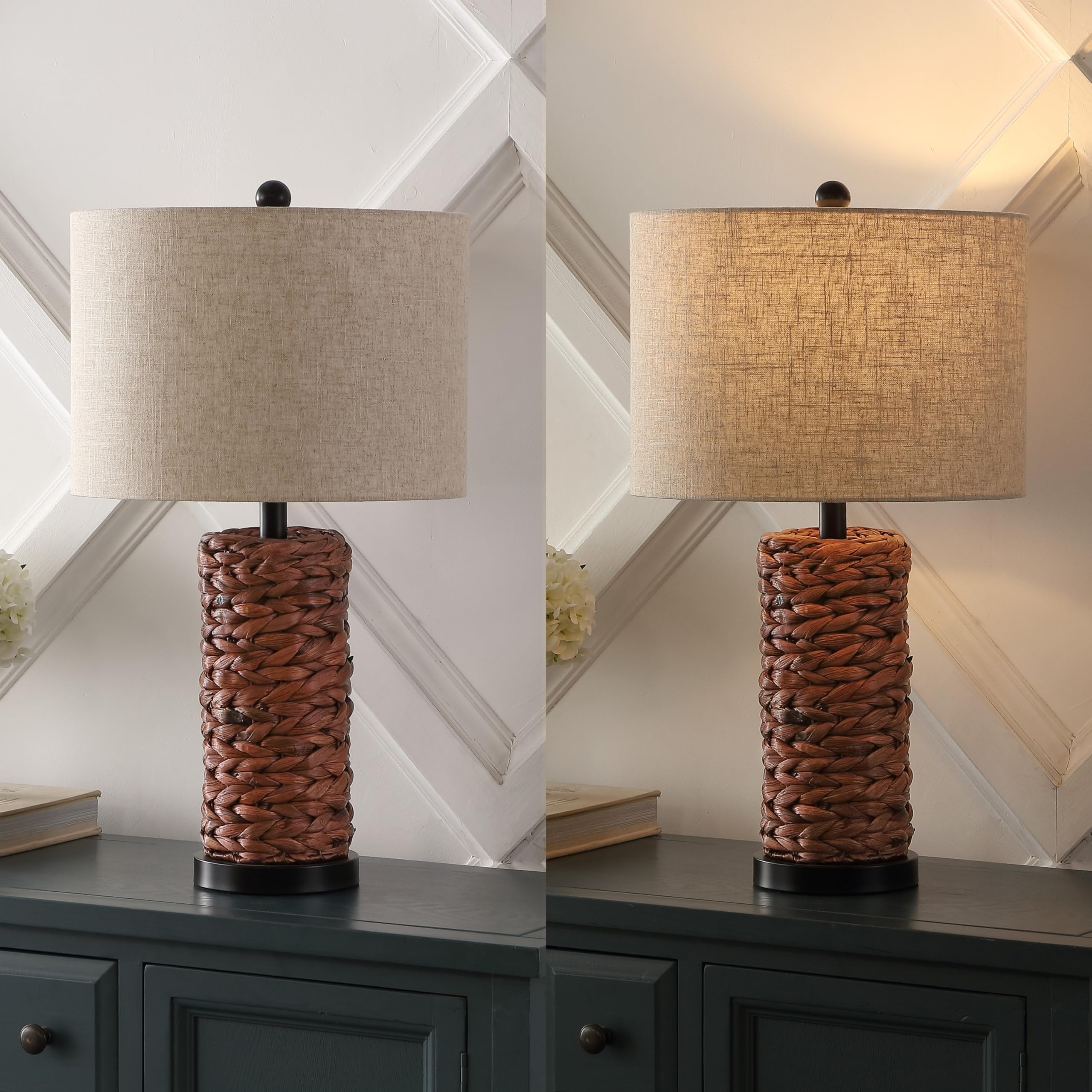 JONATHAN Y Elicia Coastal LED Table Lamp Set of 2 - 25" Dark Brown Water Hyacinth for Bedroom, Living Room, Office