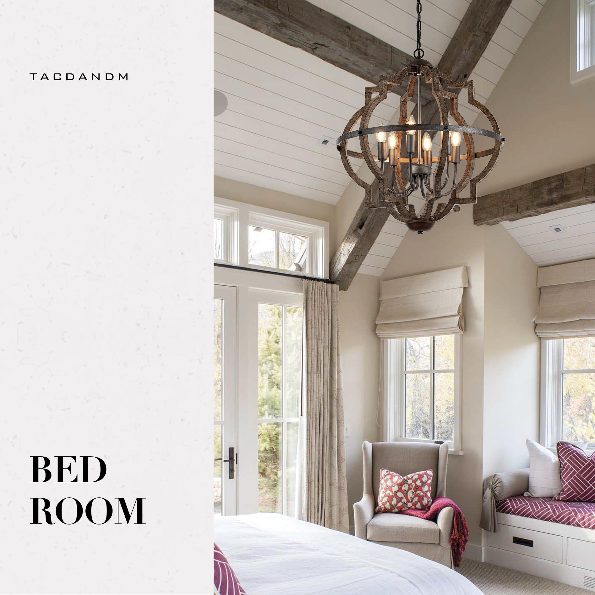 TACDANDM 6-Light Wood Farmhouse Chandelier, 23'' Vintage Rustic Pendant Light, Walnut Finish for Dining Room, Foyer, Kitchen