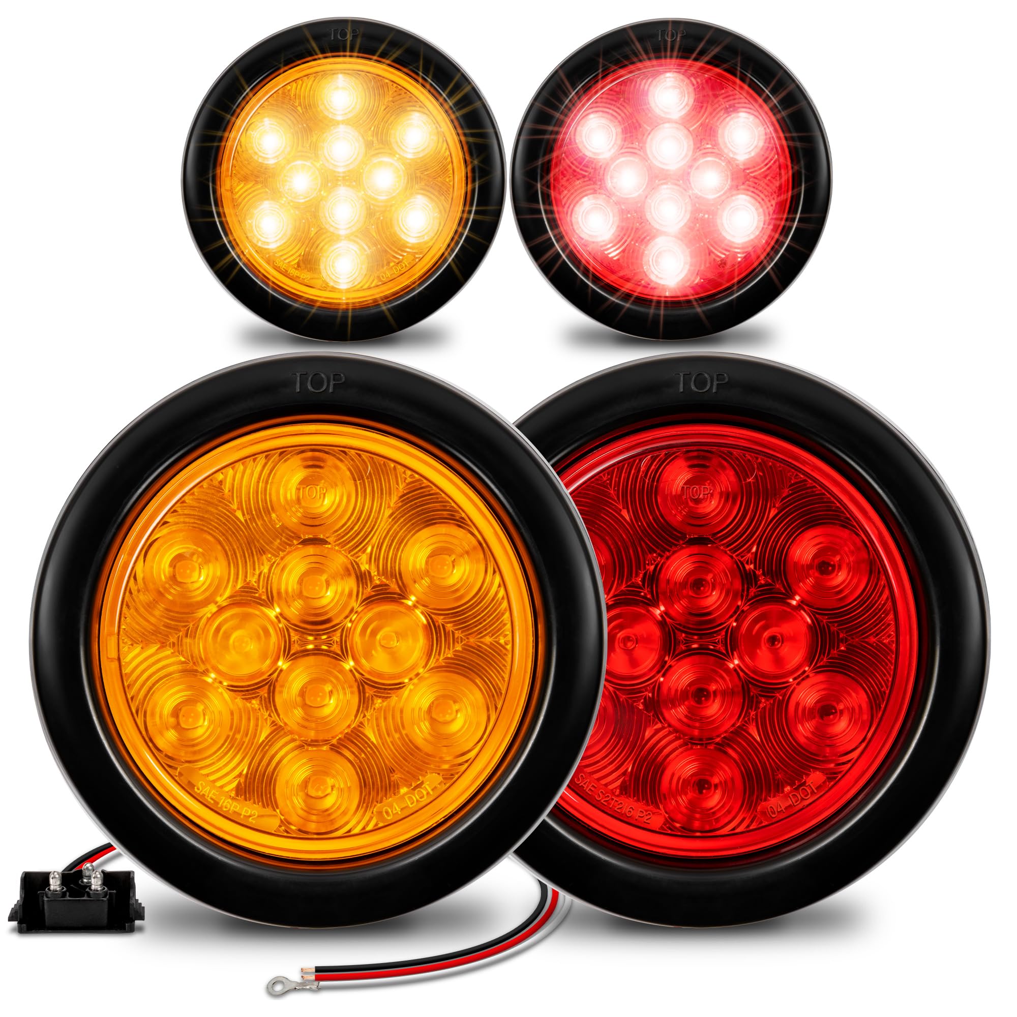 True Mods 2 Red + 2 Amber 4'' Round 10 Led Trailer Tail Light Kit [Dot Certified] [Grommet & Plug] Ip67 Waterproof Stop Brake Tu