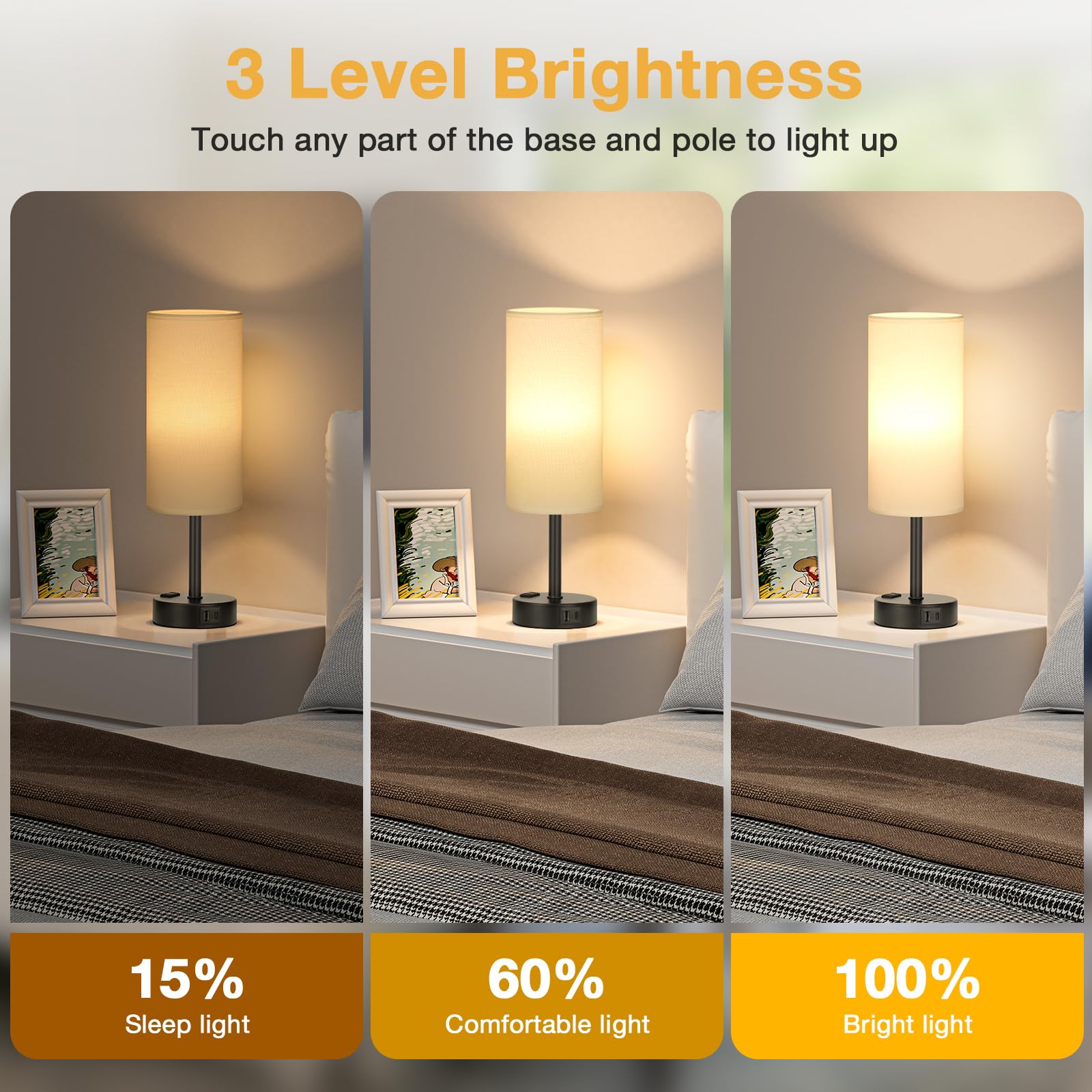 White Bedroom Lamps Set Of 2-3 Way Dimmable Touch Table Lamps With Usb C And A Ports, Bedside Lamps For Nightstand With Ac Outle