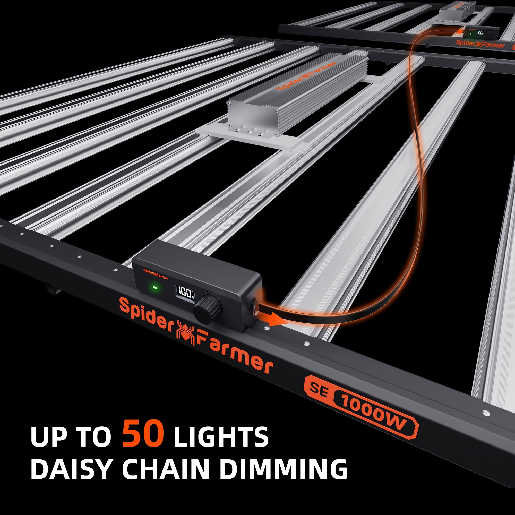 Spider Farmer SE1000W LED Grow Light, 1000W, 5x5ft, Dimmable, Smart App Control, Black & Orange, Commercial Grade Vertical Farming