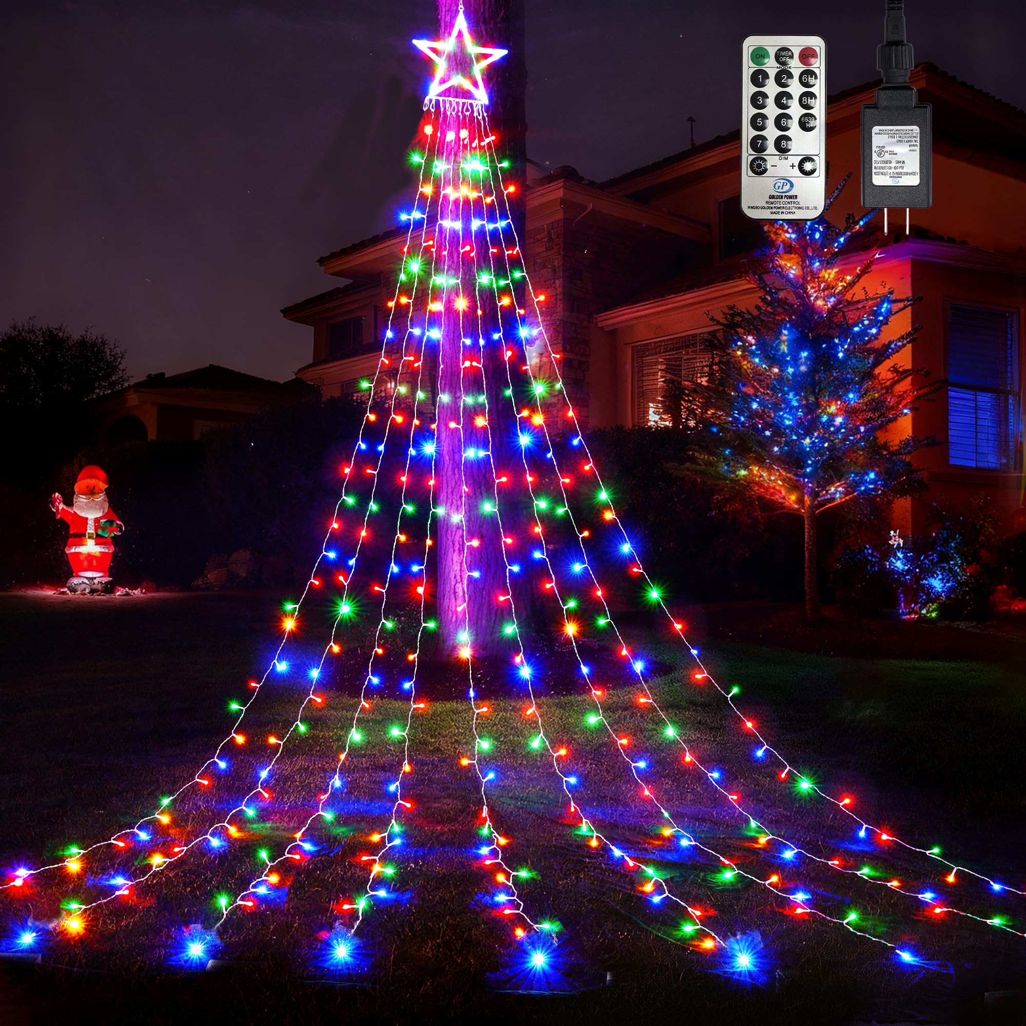 WBao Outdoor Christmas Decorations with 12 Star Topper, 344 LED 11.9ft Waterfall Christmas Lights with Remote Control, 8 Modes, 