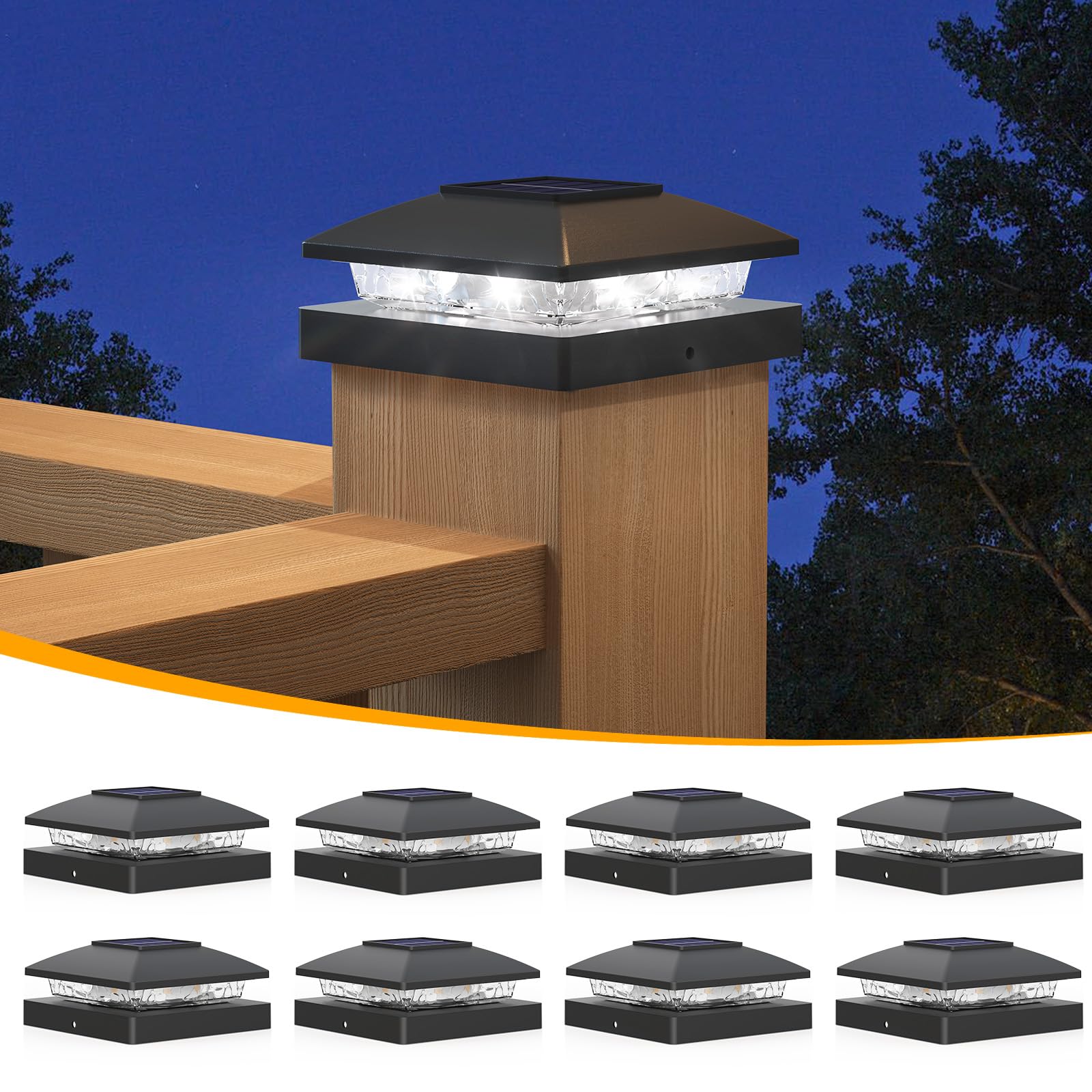 APONUO Solar Post Cap Lights, Bright Cool White LED, IP64 Waterproof, 8 Pack, Black, for 4x4 Posts, Model TZ10W1