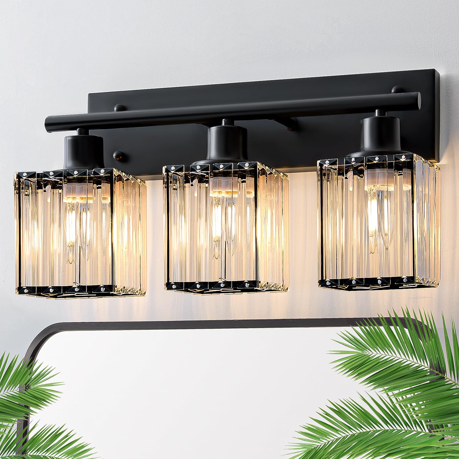 GAMTUE 3-Light Modern Crystal Bathroom Vanity Light Fixtures, Black-Square, Metal, Includes 3 E26 Bulbs