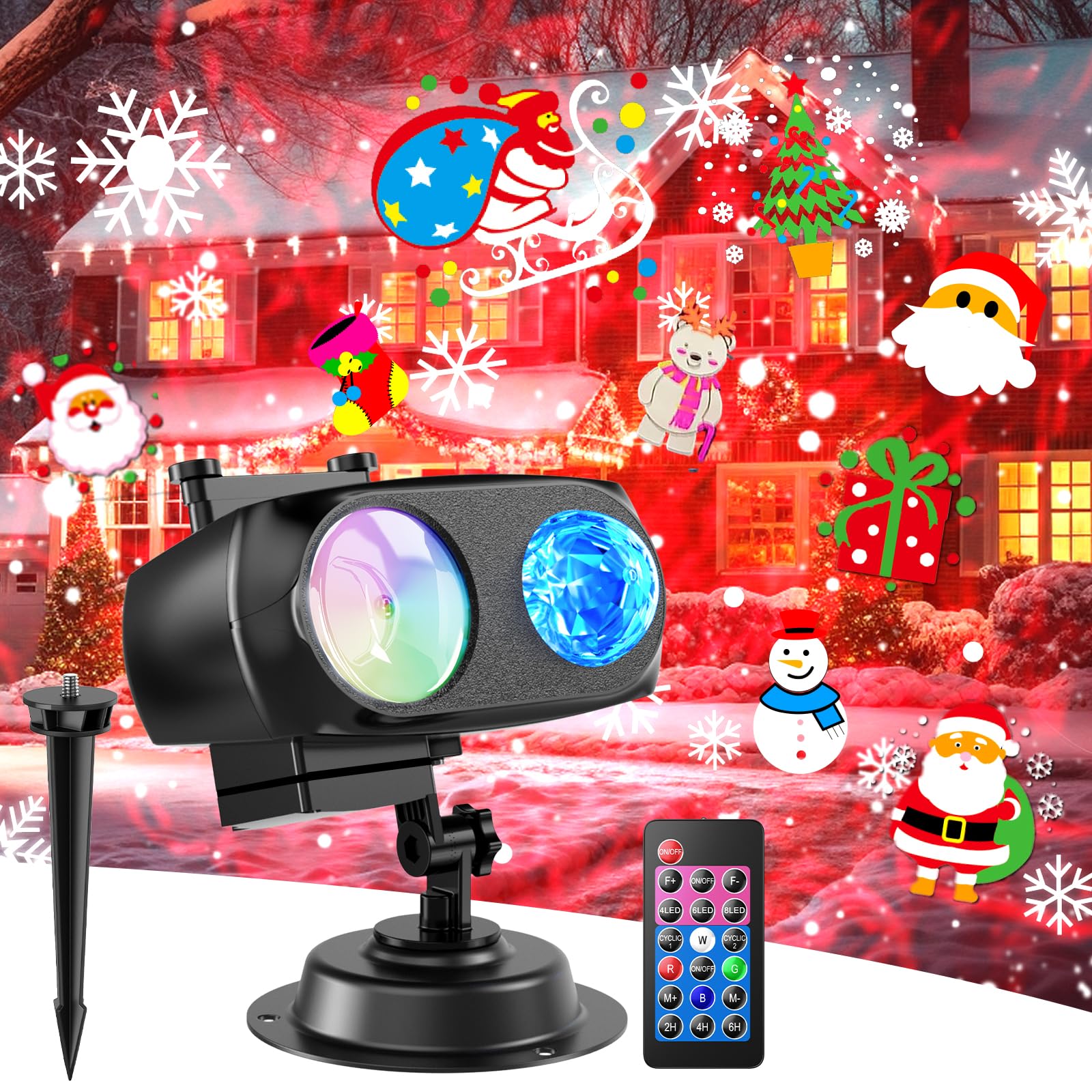 8-Pattern Christmas Projector Lights Outdoor 2-in-1, Holiday Projector Lights Outdoor 26 Effects (Projection Card + 3D Ocean Wav