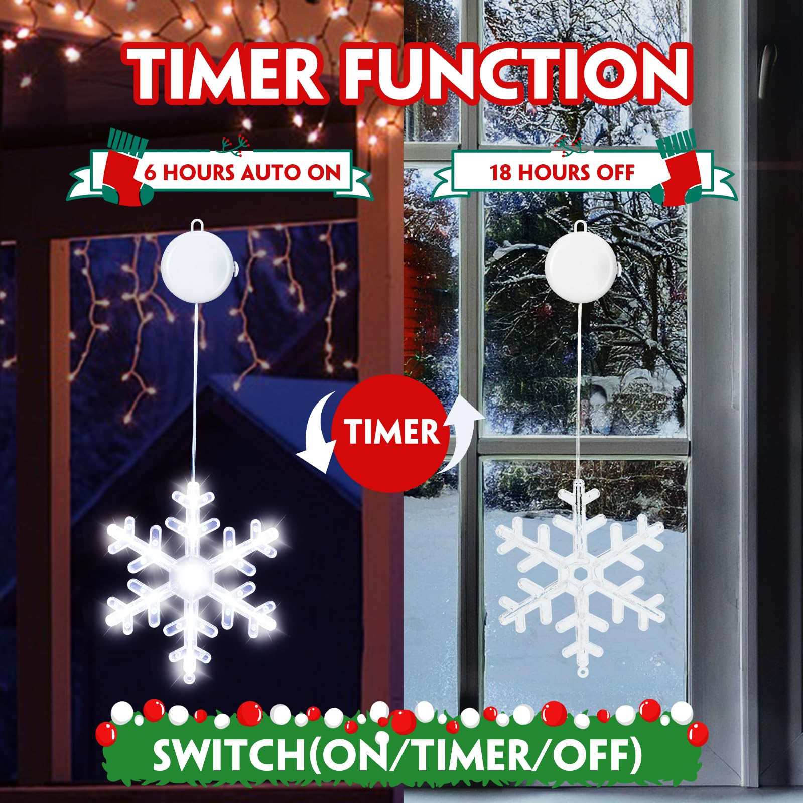 Danli Christmas Decorations 3Pcs Christmas Window Lights Snowflake&Star&Tree Battery Operated Indoor String Lights With Suction Cup For Christmas Window Decorations Fireplace New Year,White