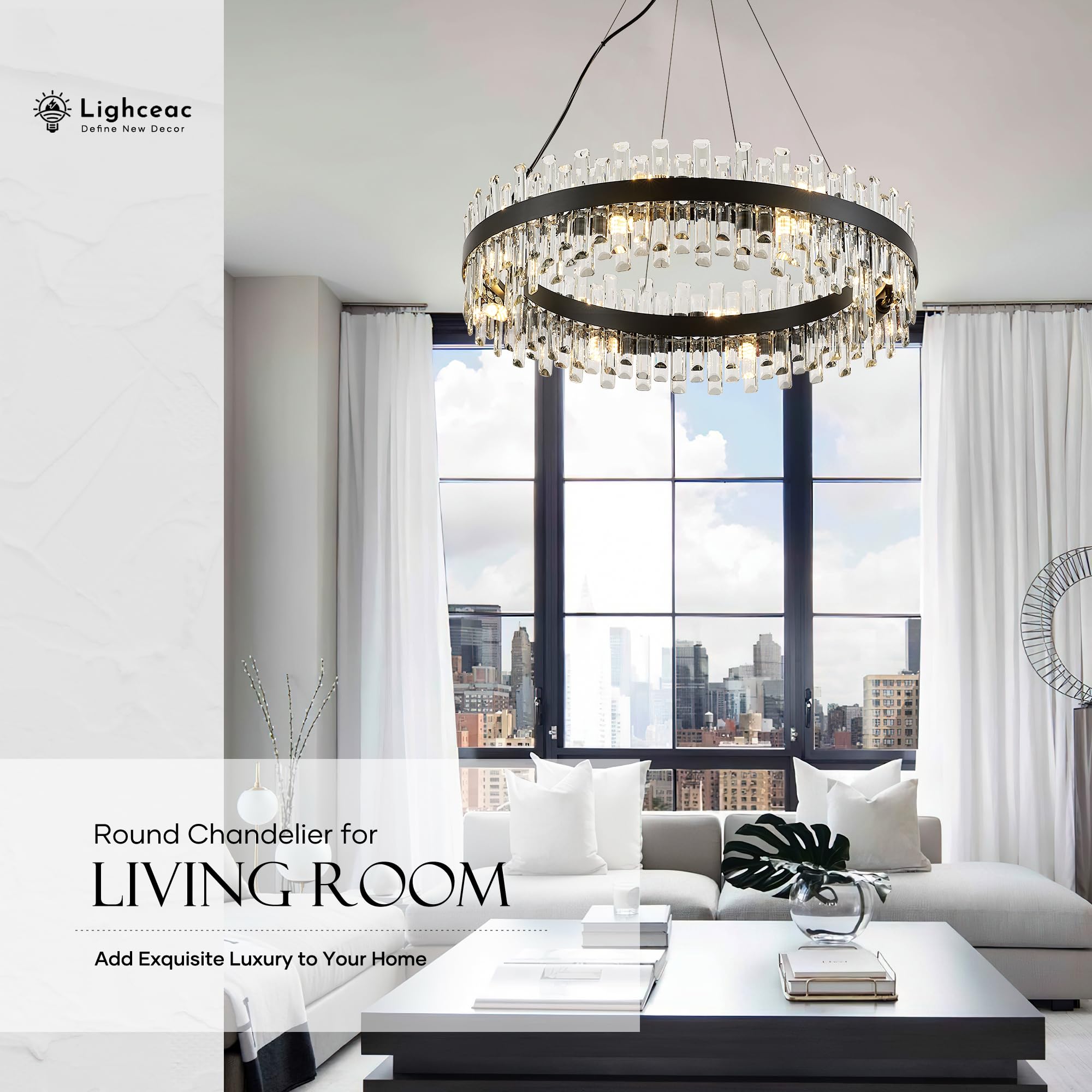 lighceac 31.9" Black Crystal Chandelier Light Fixtures, 16-Light Modern Pendant for Dining Room, Kitchen, Entryway, Model LX-2409-16B