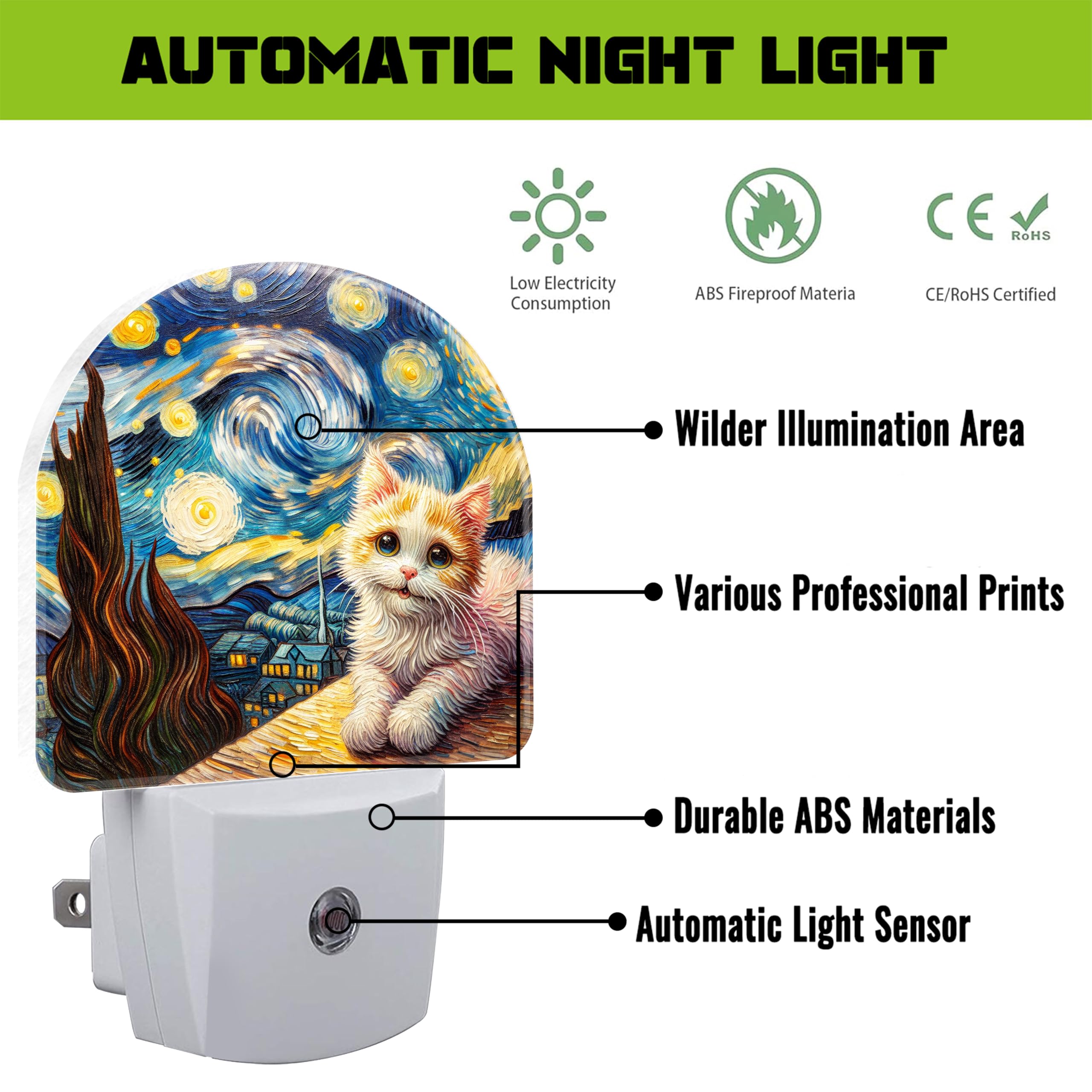 VURQLHE Cute Cat and Starry Night Night Light for Kids,Van Gogh Oil Painting Plug in Night Light with Dusk to Dawn Sensor, 0.5w