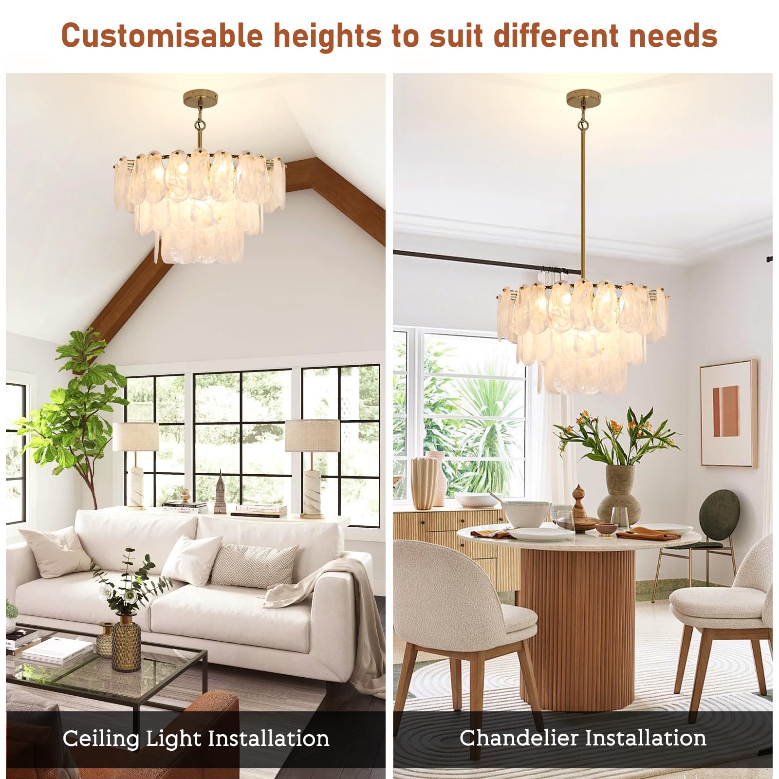 KELUOLY Modern Gold Chandelier, 17.7" Glass Light Fixture, 6-Light Round Ceiling Pendant for Bedroom, Dining Room, Living Room