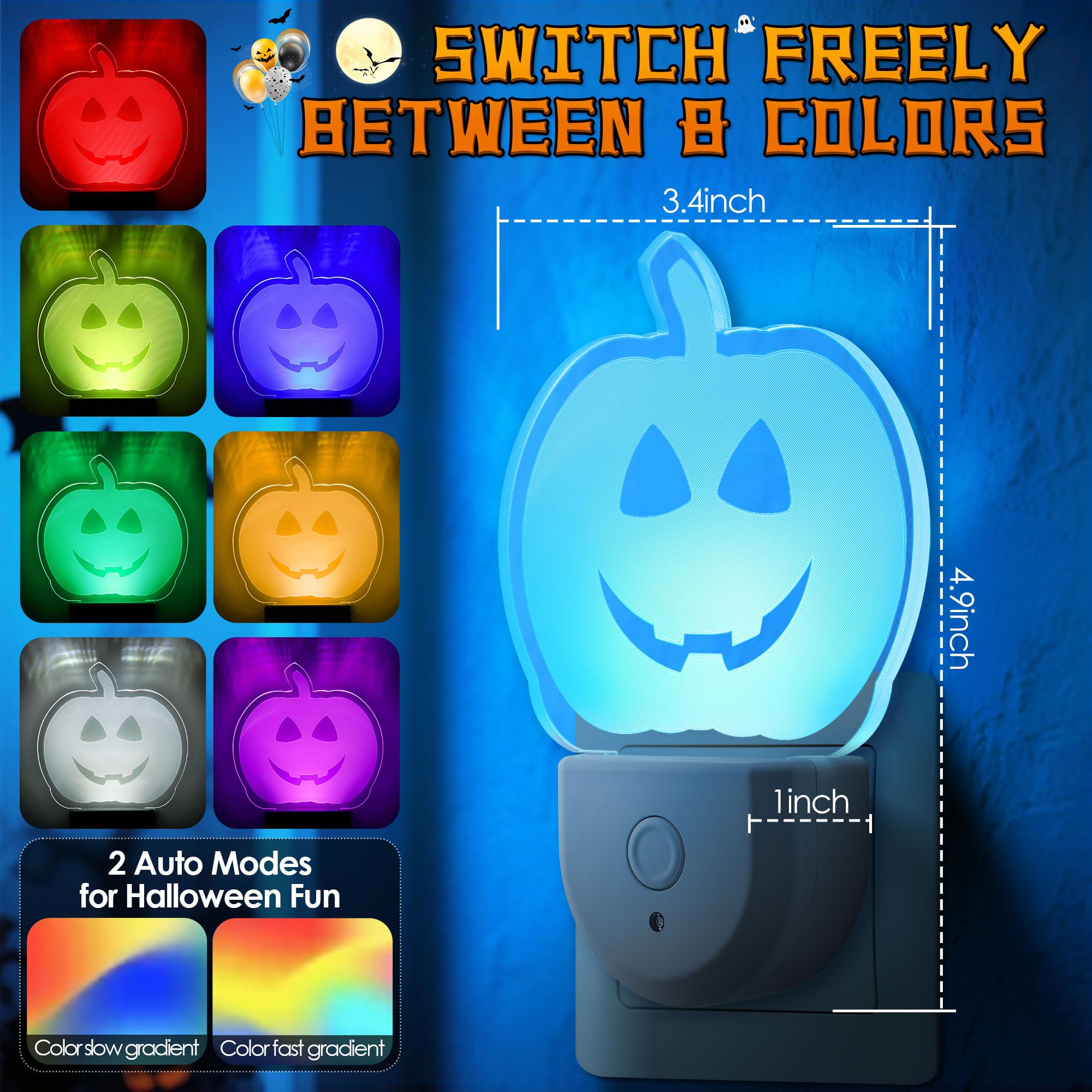 Meonum 2 Pack Halloween Night Light for Kids, 7 Color Plug in Night Light for Kids, Dusk to Dawn Sensor, Nightlights for Girls B