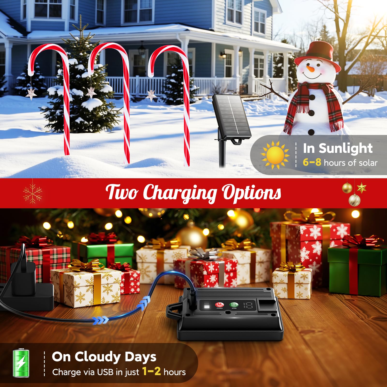 Ahaorigin Solar Candy Cane Lights, 12 Pack, 72 LED, Waterproof, Red and White, 10 Modes, Model SZ-C002