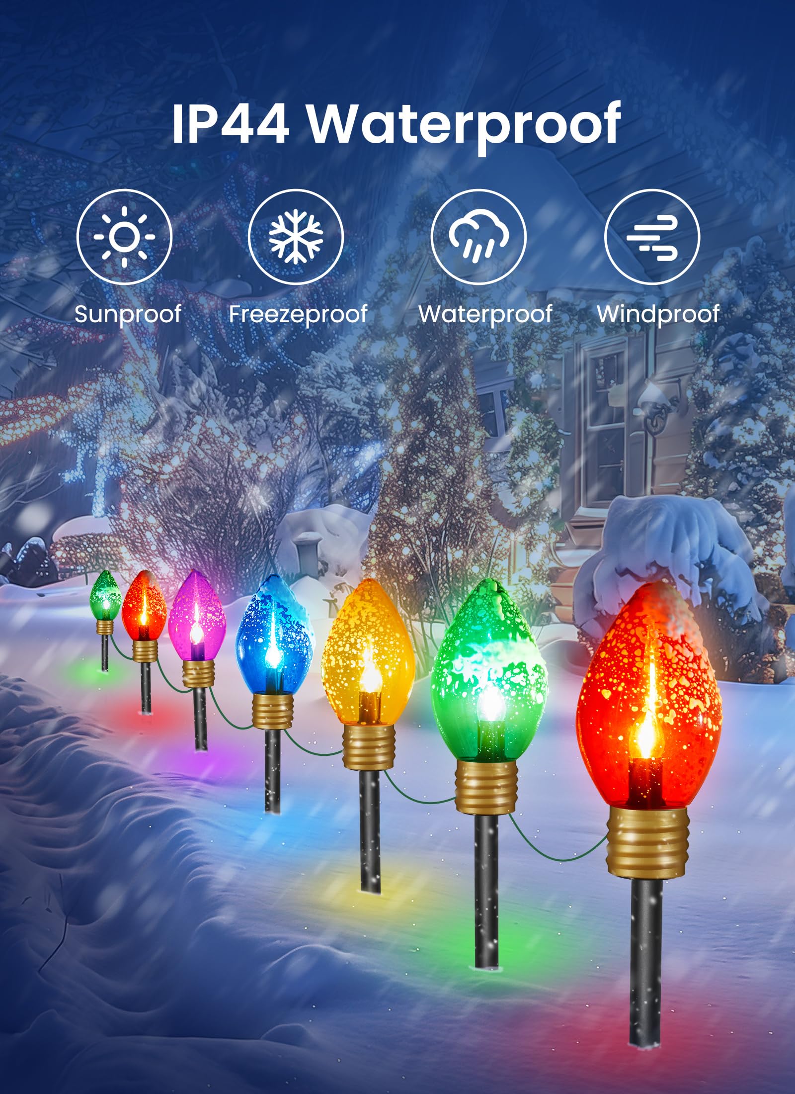 Minetom Christmas Lights Jumbo C9 Outdoor Lawn Decorations, 10.5ft, 4 Pack, Multicolor PVC Bulbs with Pathway Marker Stakes
