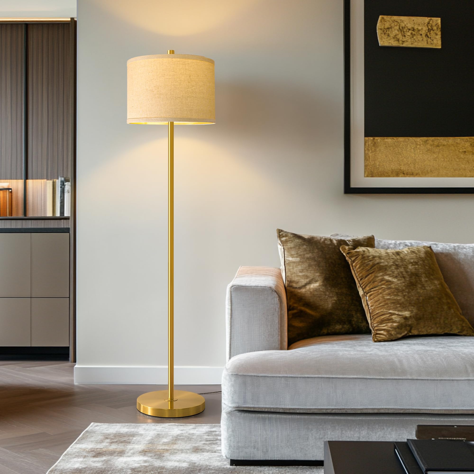 Oneach 61Modern Floor Lamp For Living Room, Gold Standing Lamp With Natural Linen Lampshade, Rustic Industrial Corner Floor Lamp